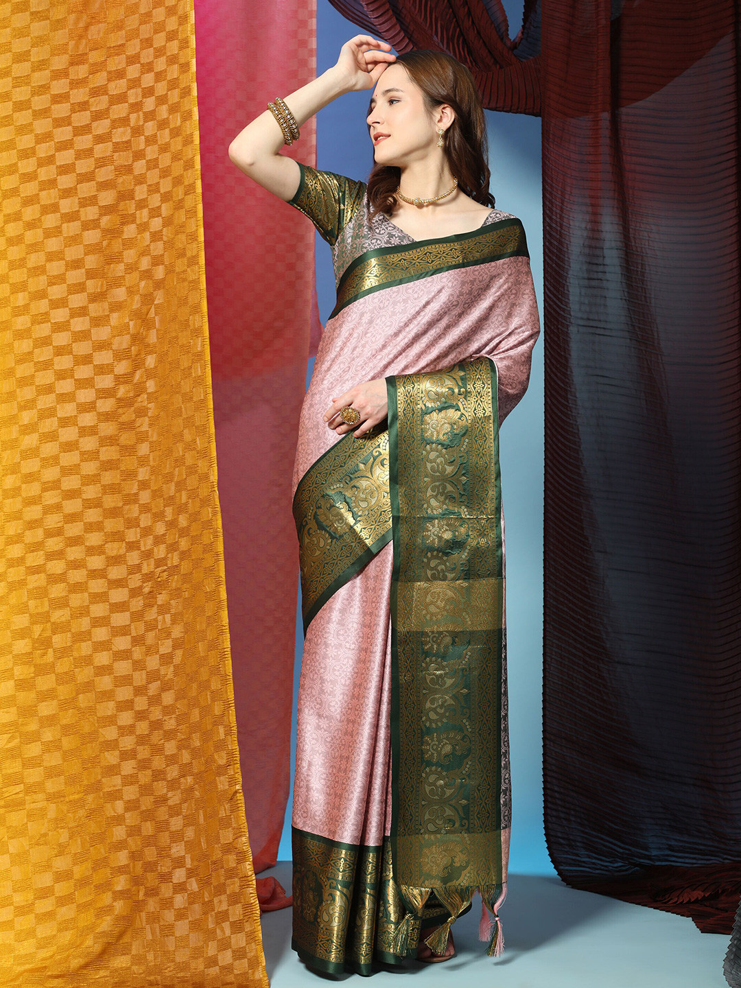 

PHEASANT Woven Design Zari Silk Cotton Saree, Pink