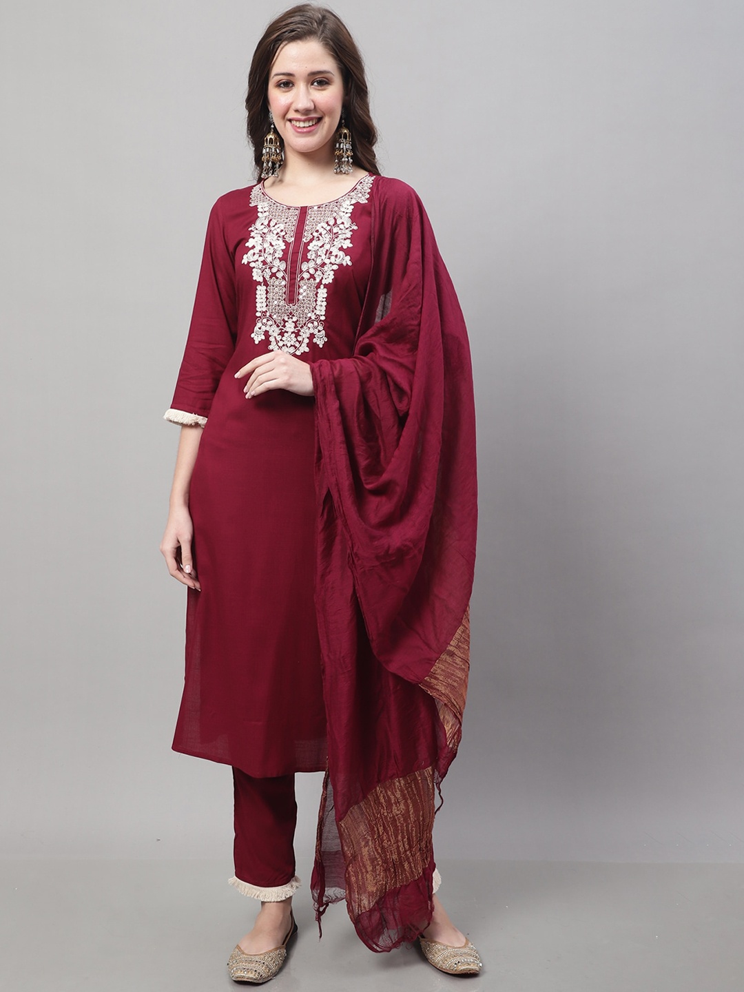 

Roly Poly Ethnic Motifs Yoke Design Pure Cotton Kurti With Trousers & With Dupatta, Maroon