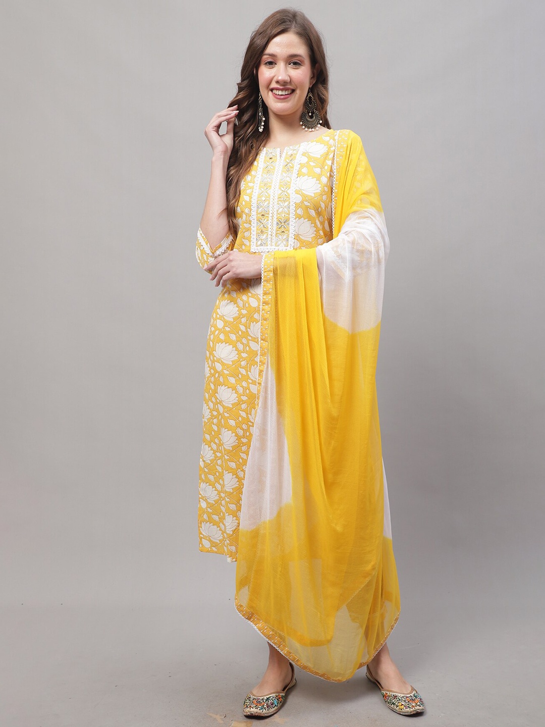 

Roly Poly Floral Printed Thread Work Pure Cotton Kurta With Trousers & Dupatta, Yellow