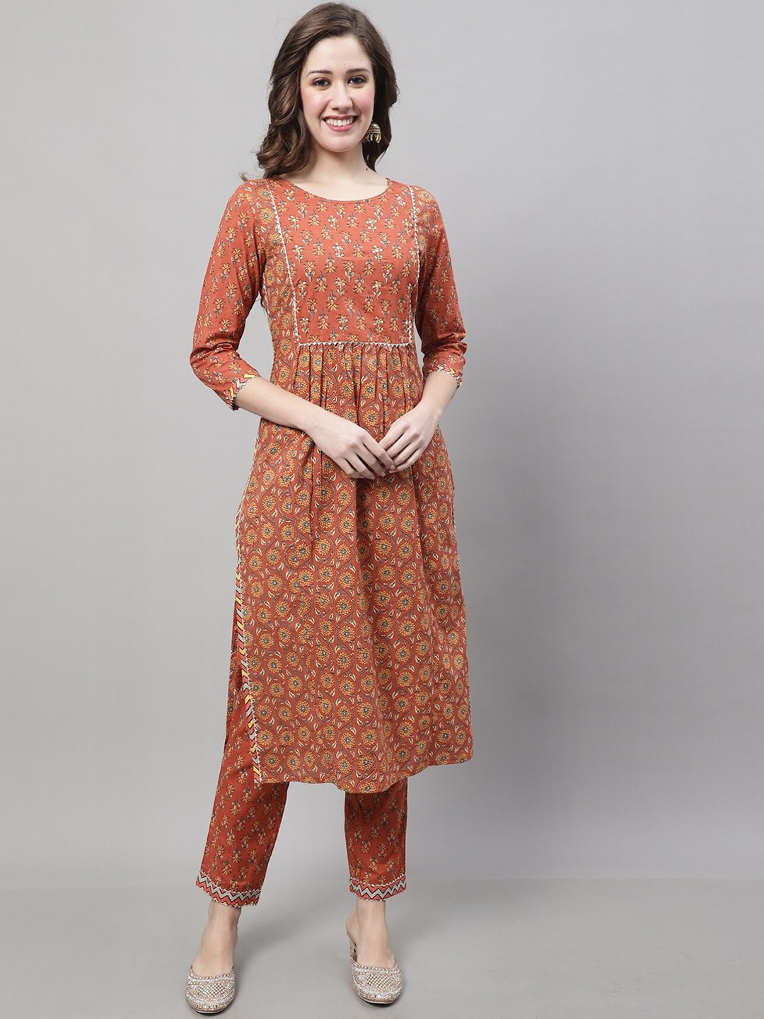 

Roly Poly Floral Printed Pure Cotton Kurta With Trousers & With Dupatta, Brown