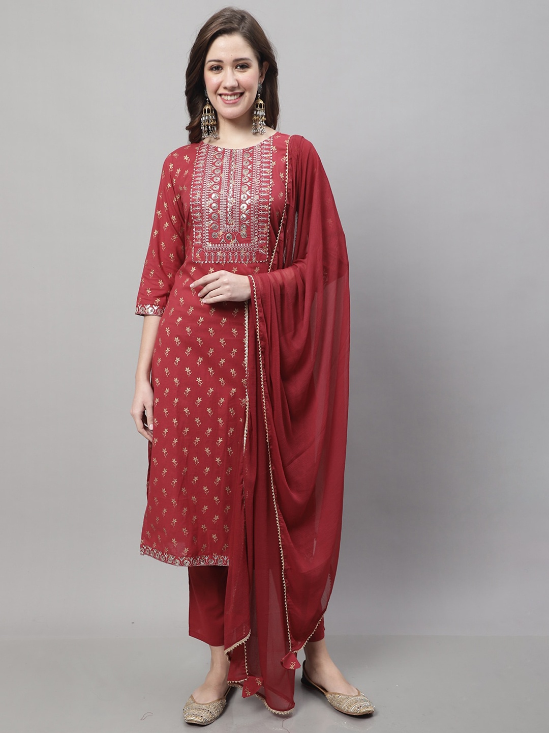 

Roly Poly Ethnic Motifs Printed Sequinned Pure Cotton Kurti With Trousers & With Dupatta, Maroon