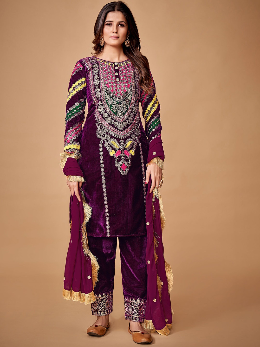 

Fusionic Women Floral Embroidered Thread Work Velvet Kurta With Trousers & Dupatta, Burgundy