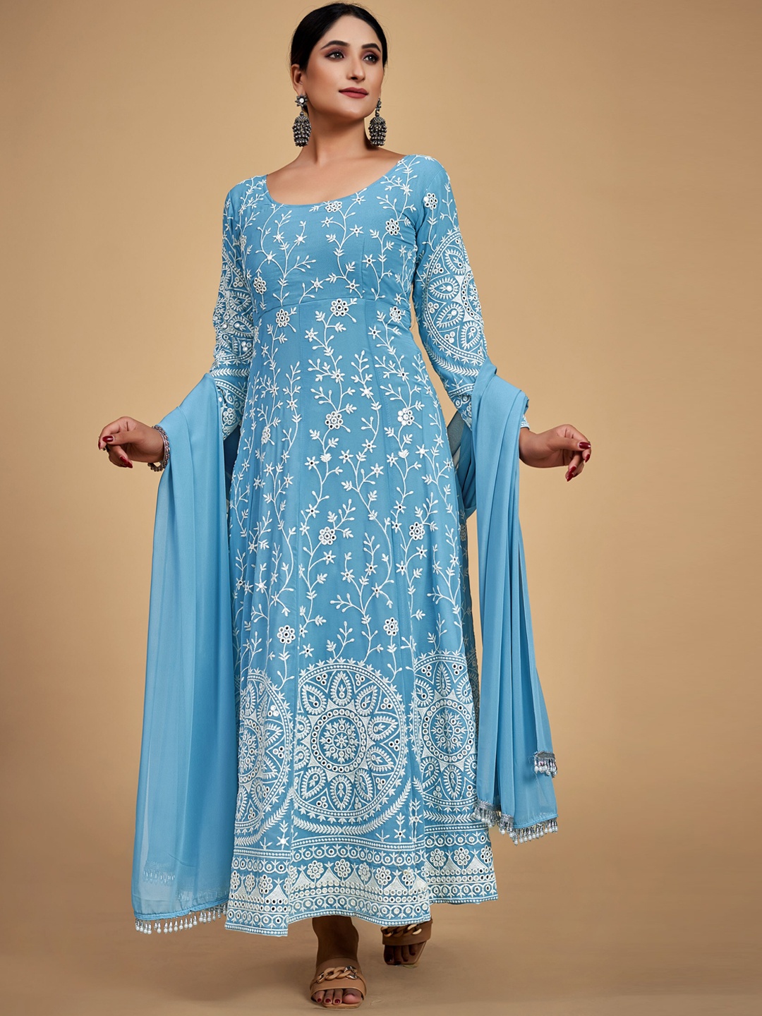 

Fusionic Floral Embroidered Thread Work Ethnic Dress With Dupatta, Blue