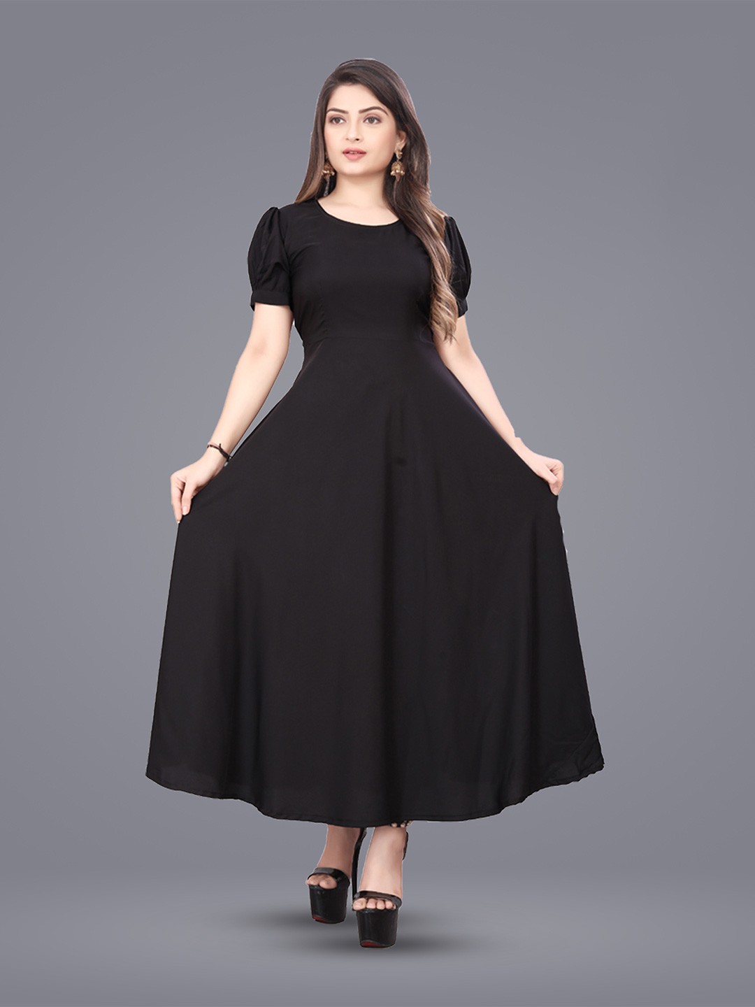 

N N ENTERPRISE Puff Sleeve A-Line Dress, Black