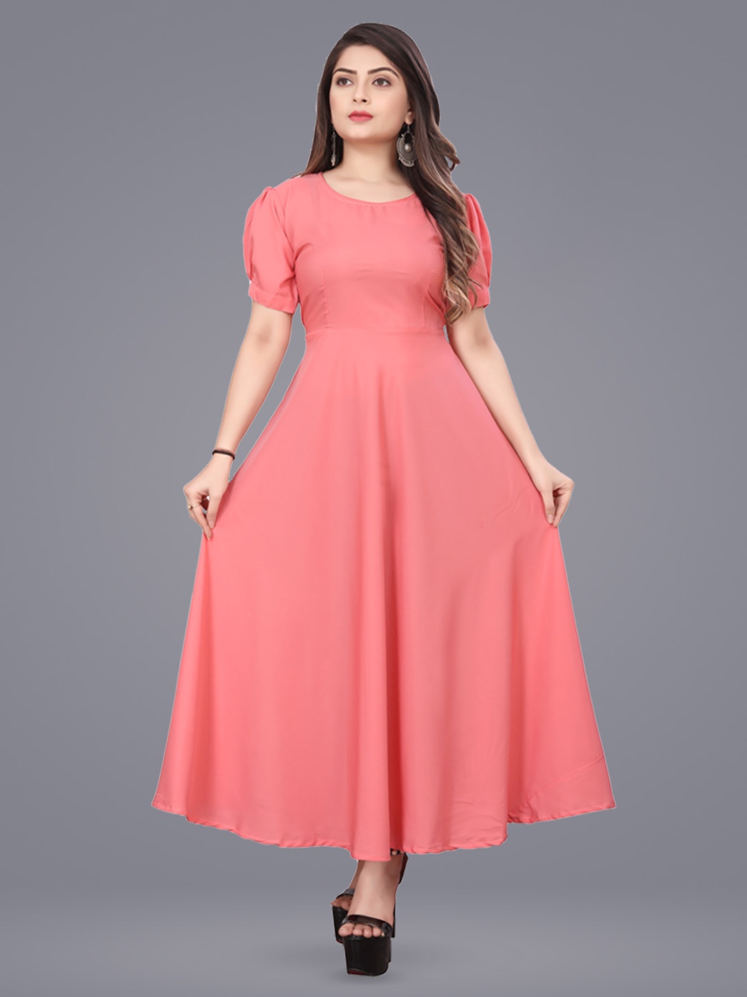 

N N ENTERPRISE Puff Sleeve A-Line Maxi Dress, Pink