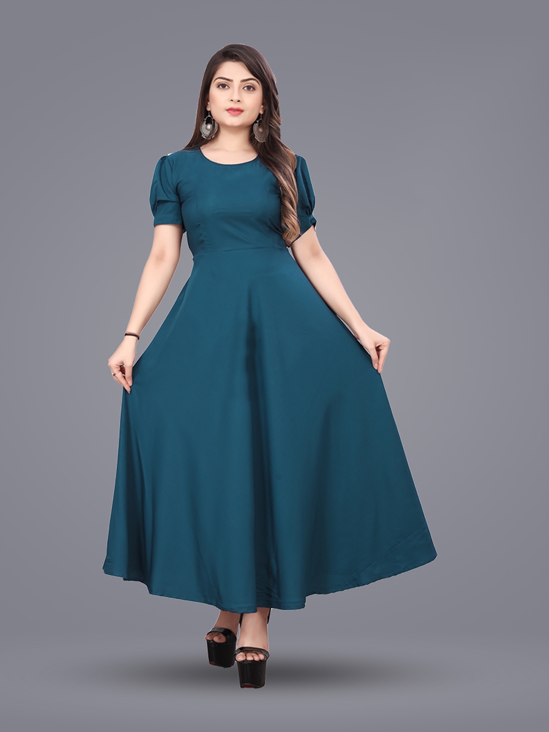 

N N ENTERPRISE Puffed Sleeves A-Line Dress, Teal