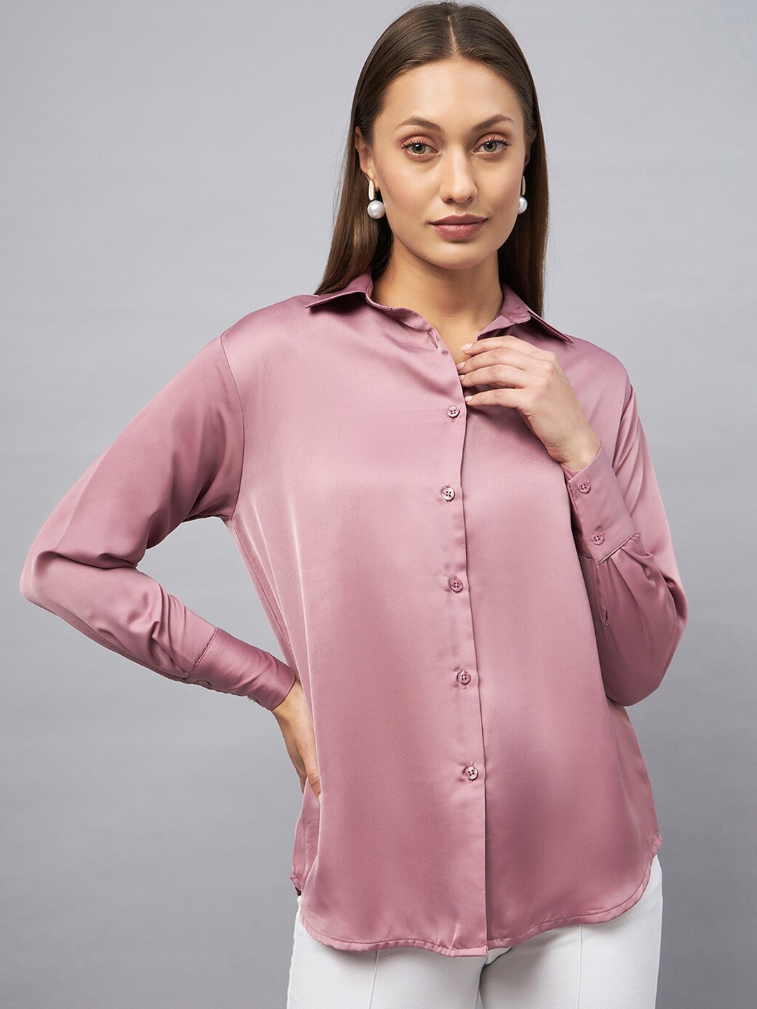 

DELAN Classic Opaque Casual Satin Shirt, Peach