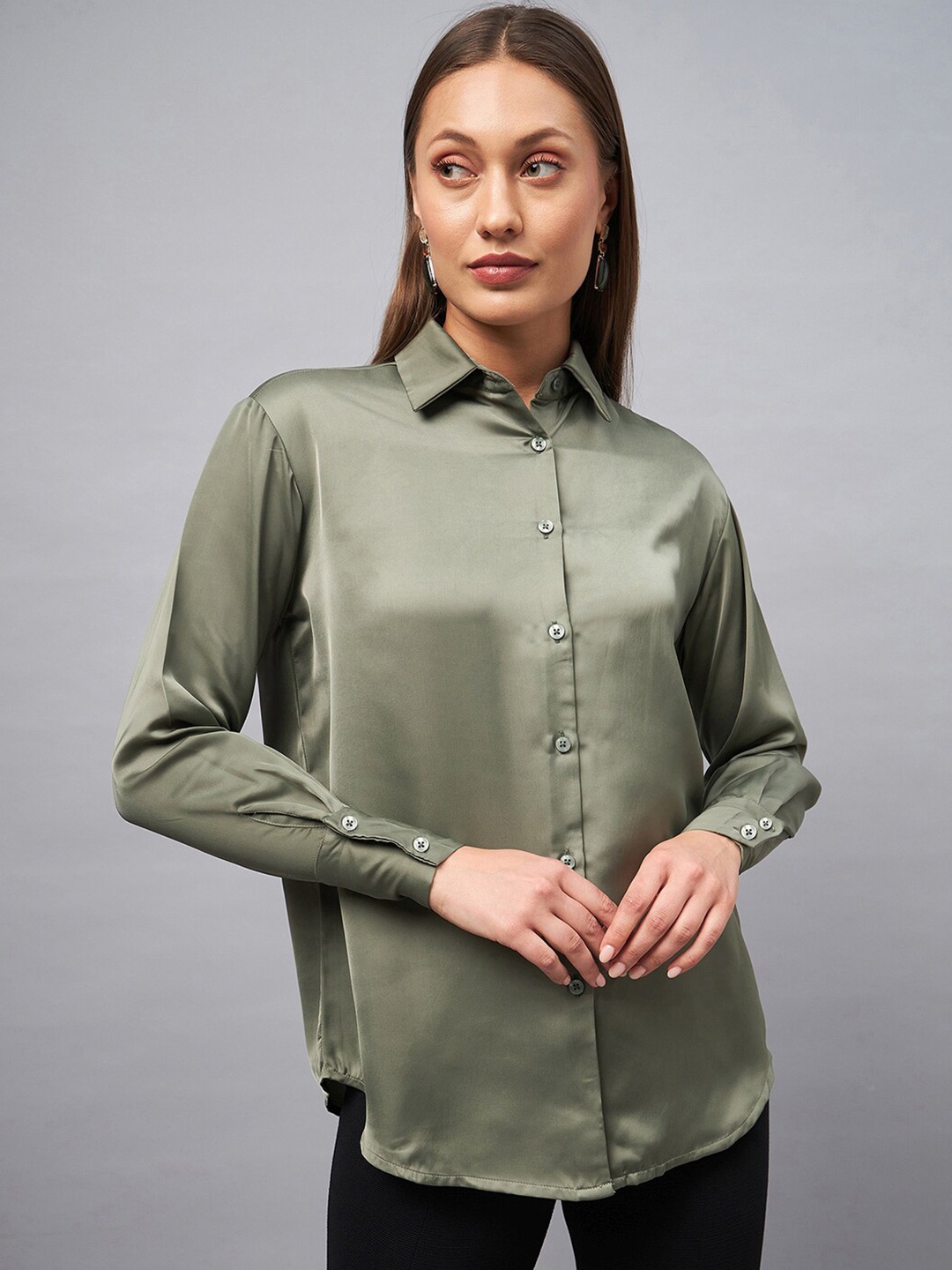 

DELAN Classic Opaque Casual Satin Shirt, Olive