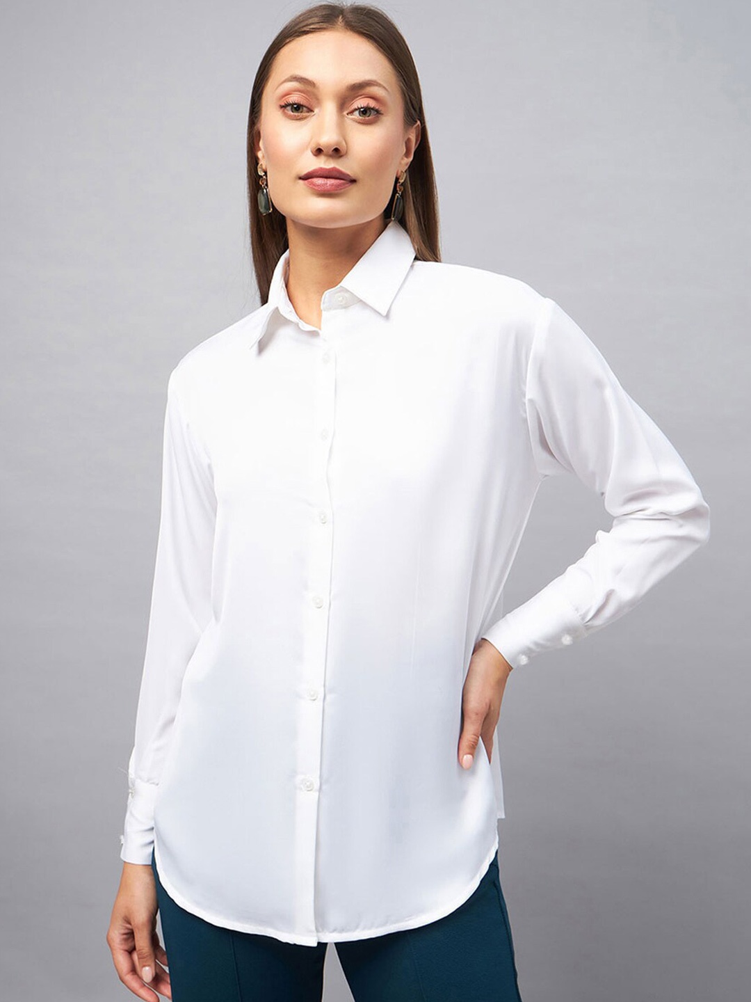 

DELAN Classic Opaque Casual Satin Shirt, White