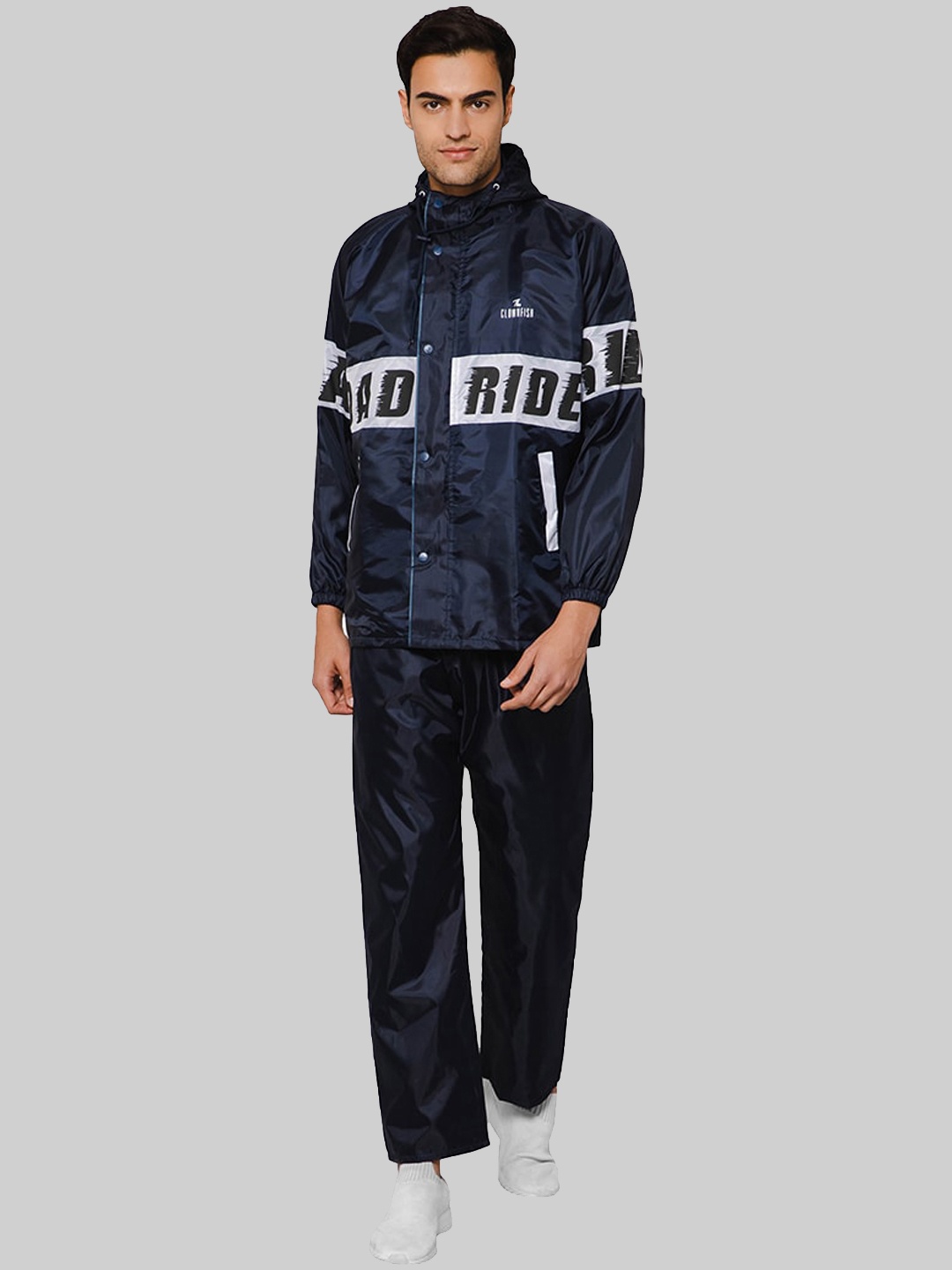 

THE CLOWNFISH Road Rider Typography Printed Waterproof Double Coated Reversible Rain suit, Navy blue