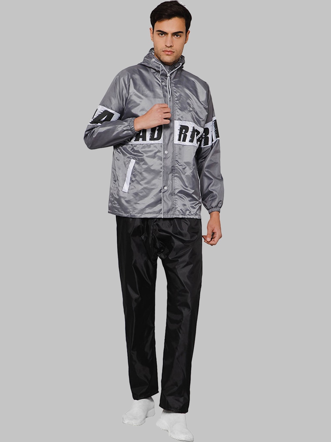 THE CLOWNFISH Typography Printed Waterproof Double Coated Rain Suit, Grey