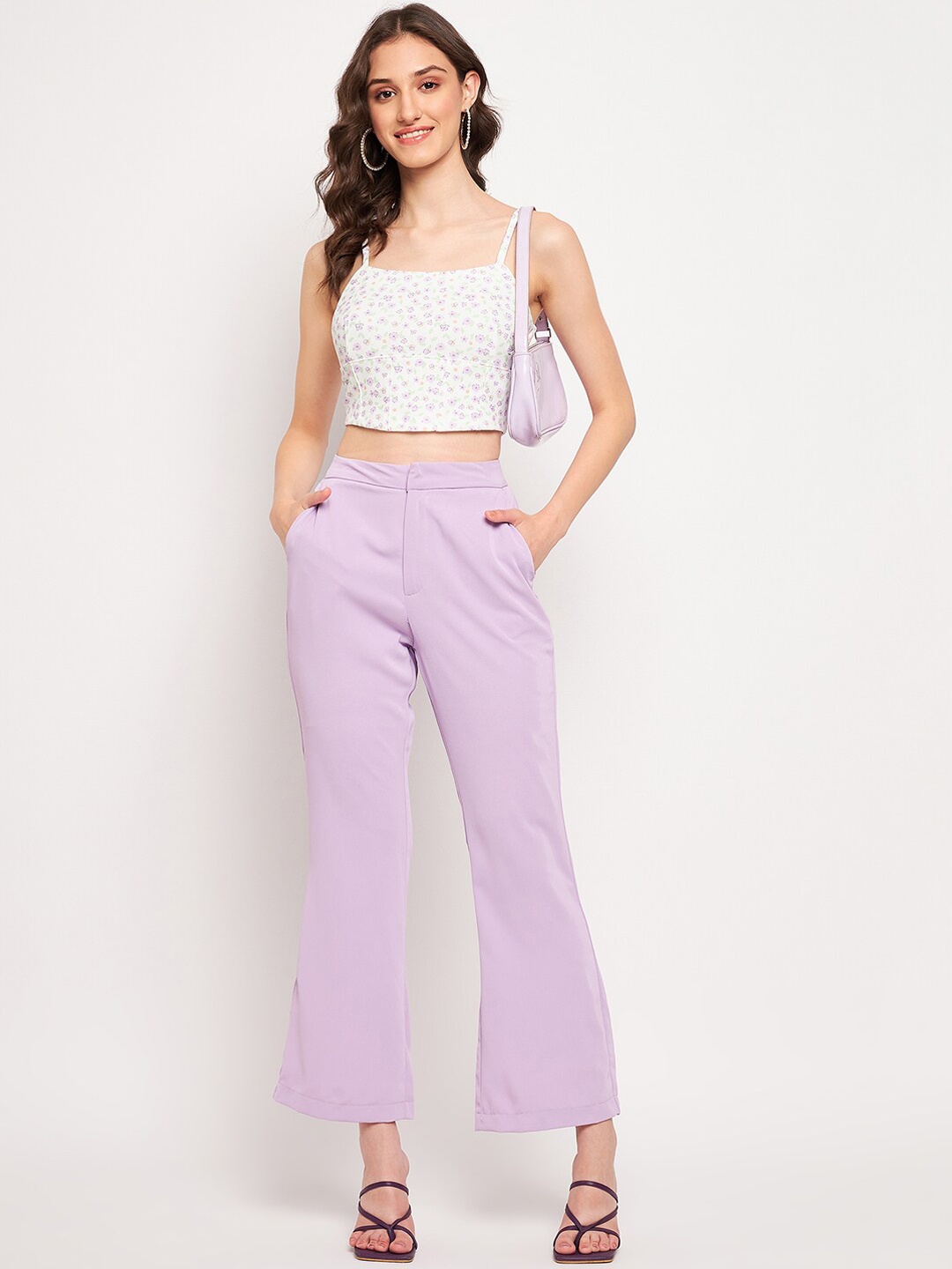 

Madame Women Mid Rise Parallel Trousers, Purple