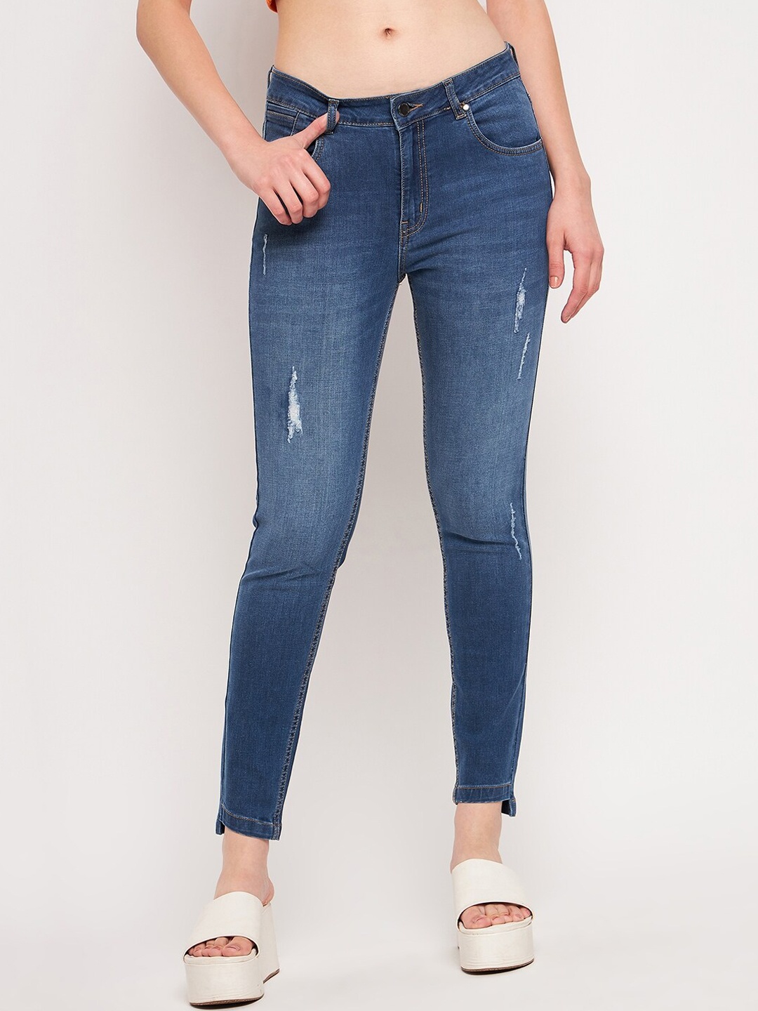 

Madame Women Skinny Fit Low Distress Light Fade Jeans, Navy blue
