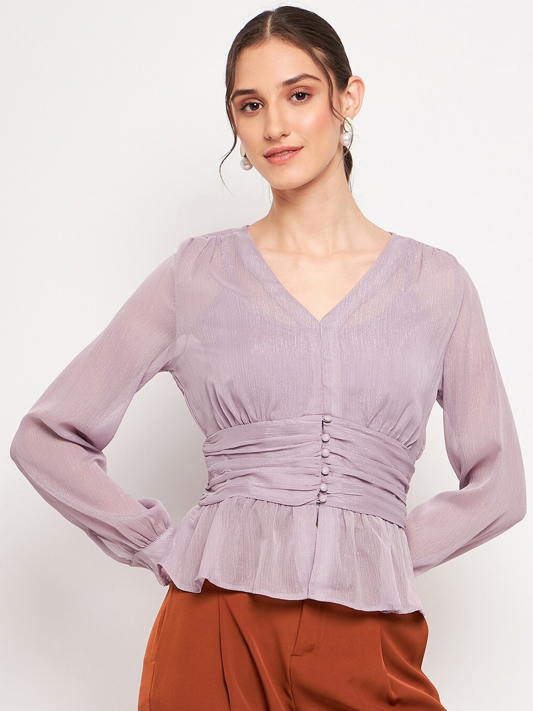 

Madame Cuffed Sleeve Cinched Waist Top, Mauve