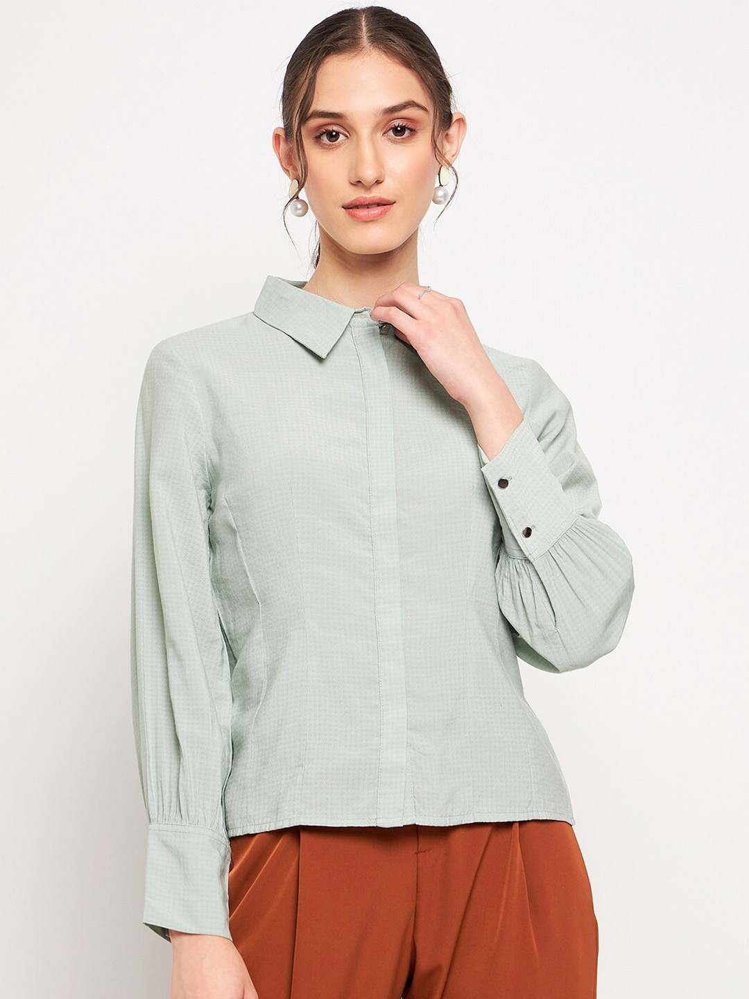 

Madame Women Spread Collar Opaque Casual Shirt, Green