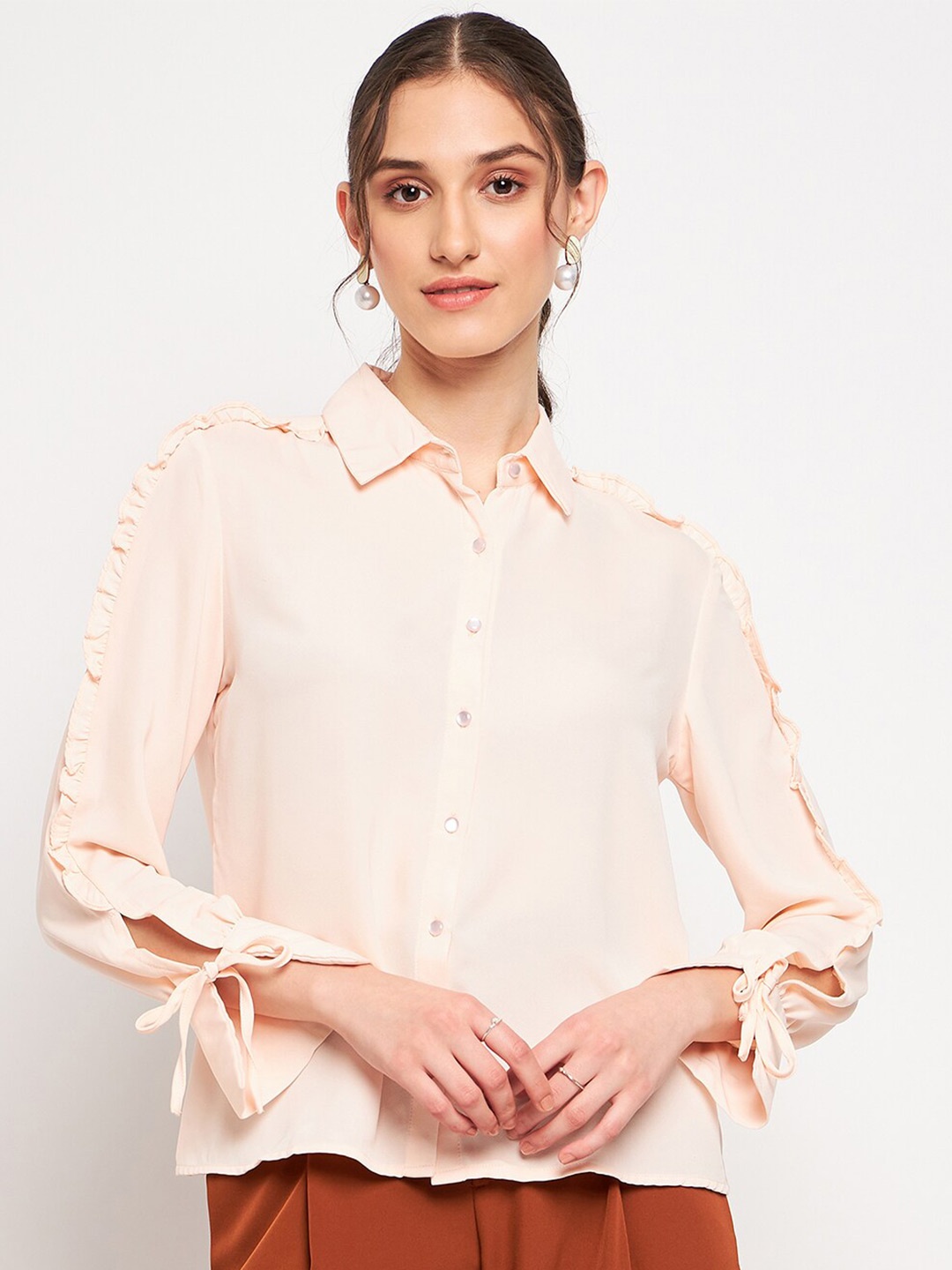 

Madame Women Spread Collar Opaque Casual Shirt, Peach