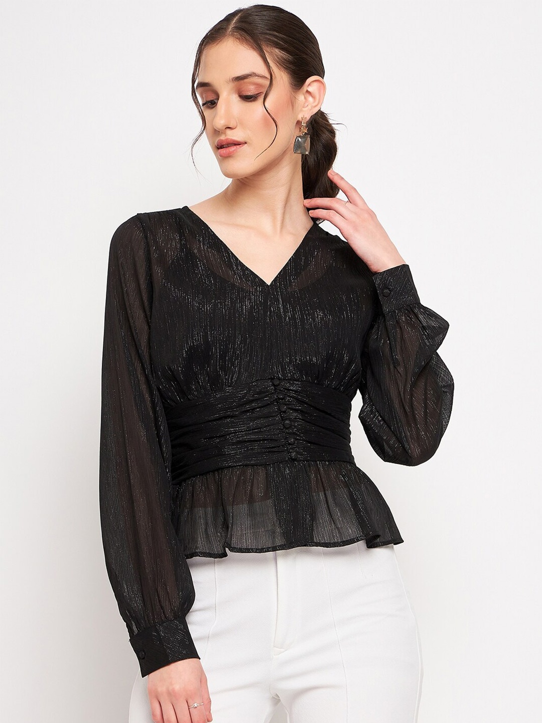 

Madame Cuffed Sleeves Peplum Top, Black