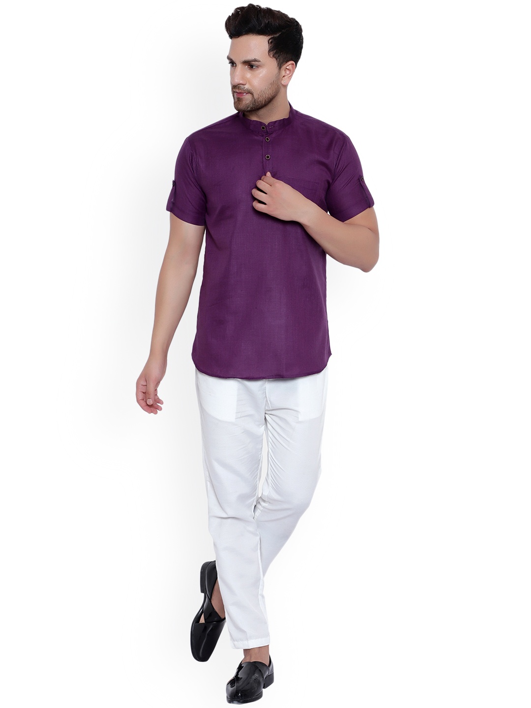 

ONNIX Band Collar Kurta With Pyjamas, Purple