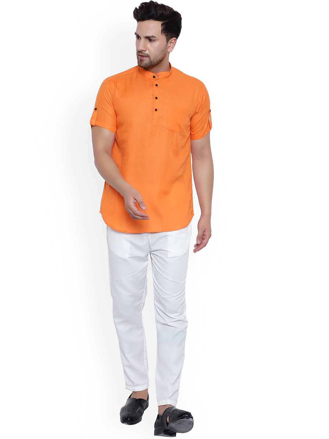 

ONNIX Band Collar Kurta With Pyjamas, Orange