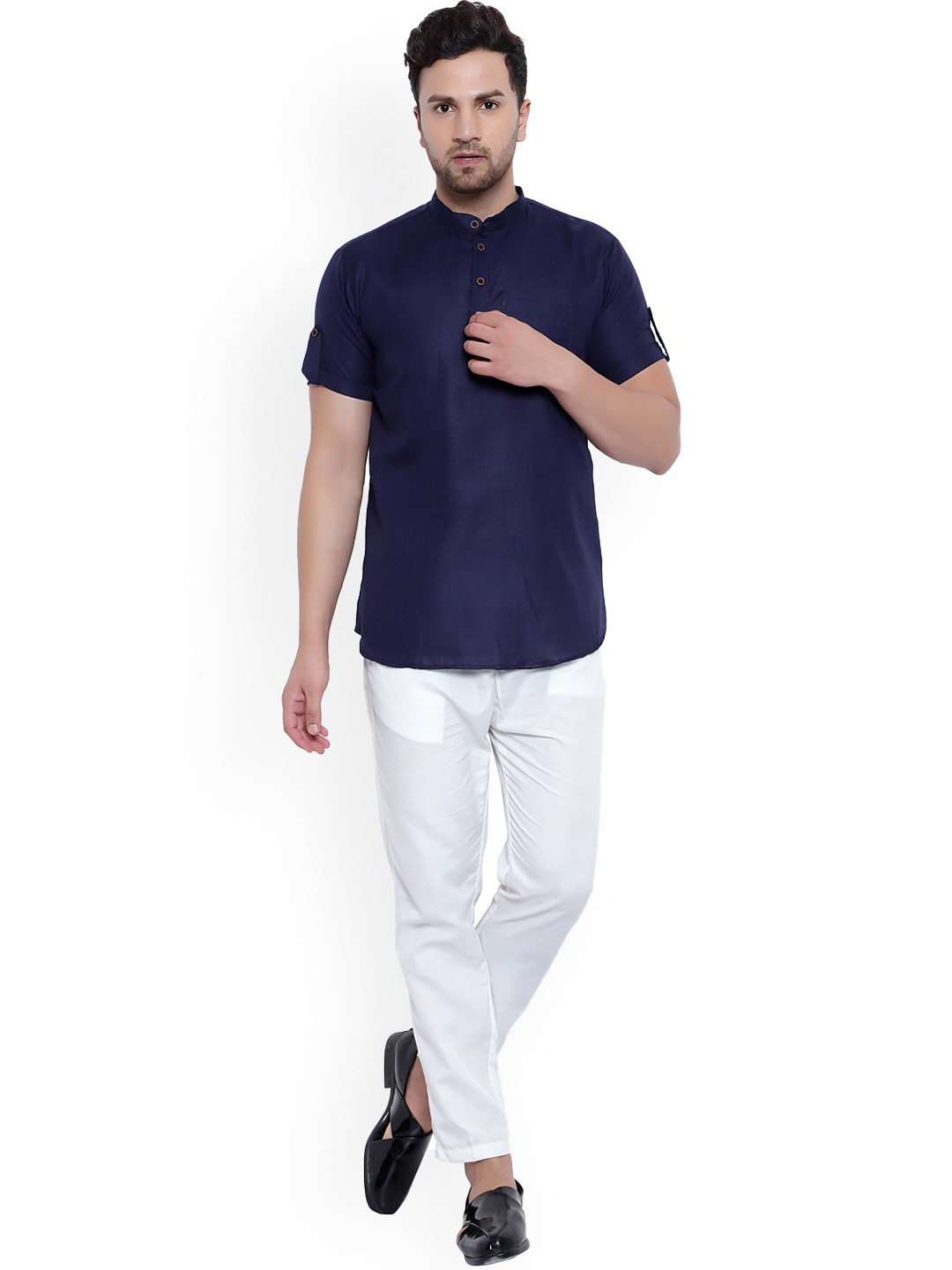 

ONNIX Band Collar Kurta With Pyjamas, Navy blue