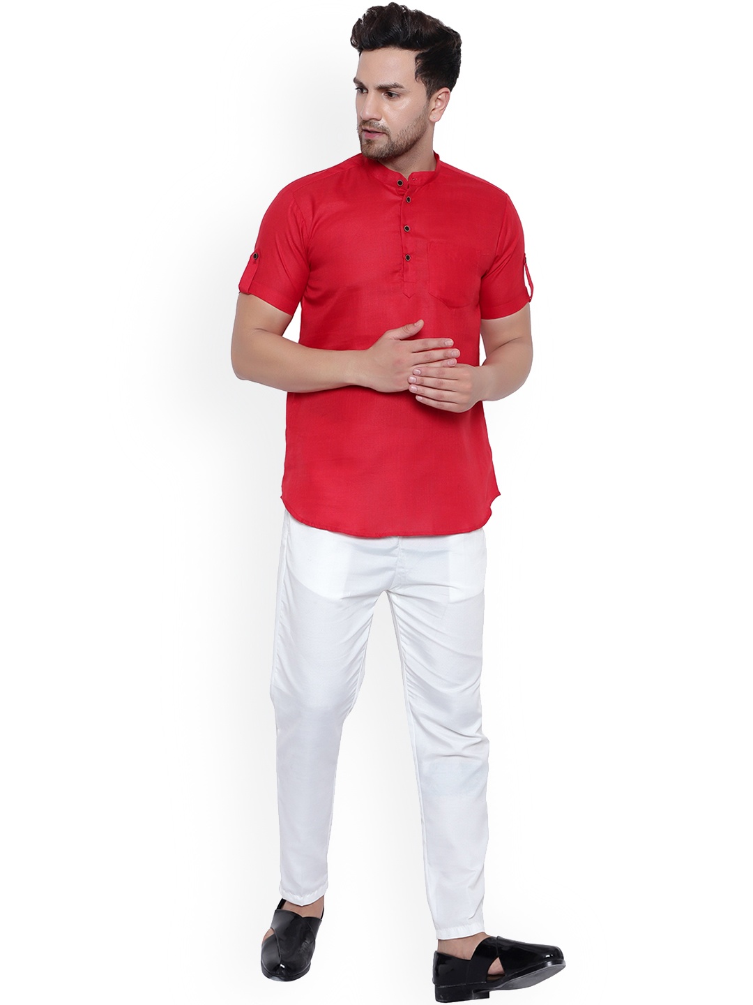 

ONNIX Band Collar Kurta With Pyjamas, Red
