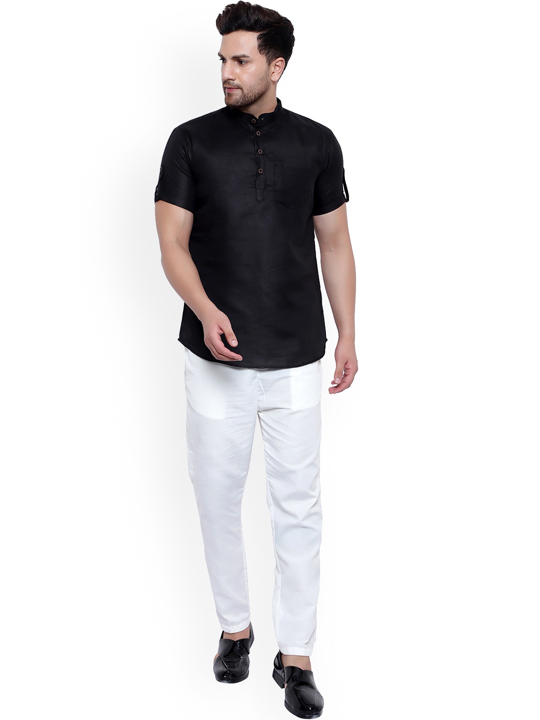 

ONNIX Mandarin Collar Regular Kurta with Pyjamas, Black