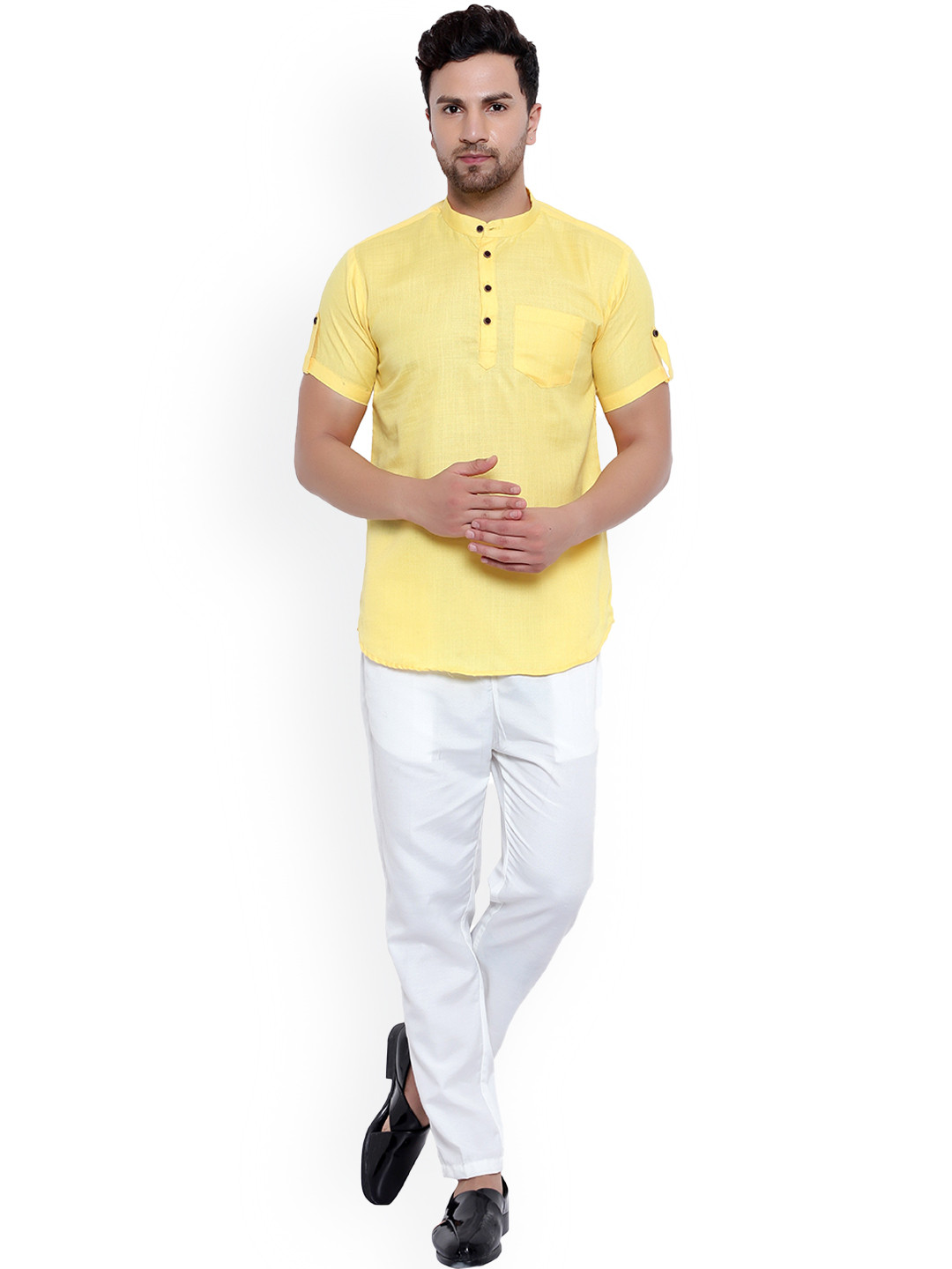 

ONNIX Mandarin Collar Regular Kurta with Pyjamas, Yellow