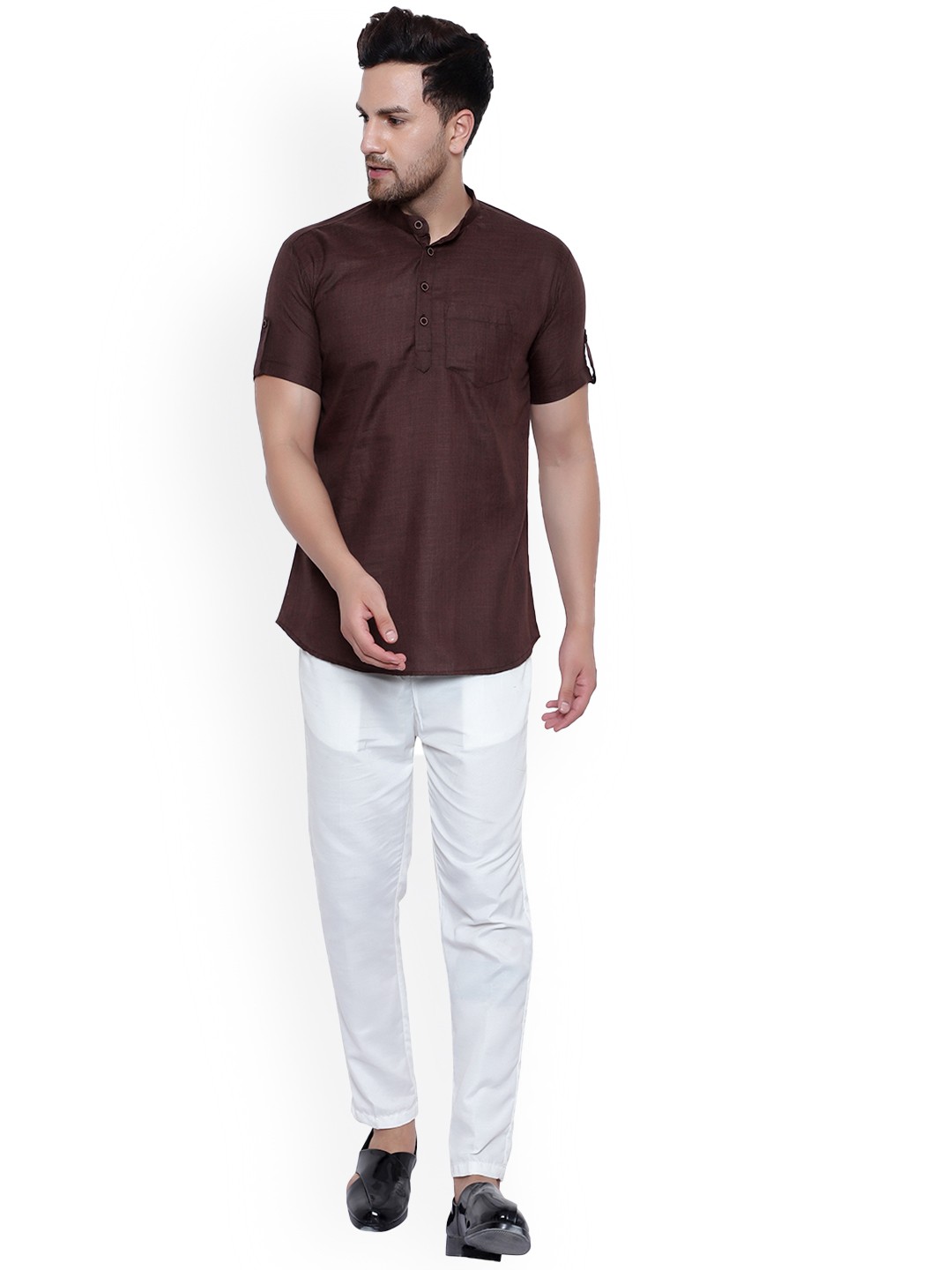 

ONNIX Mandarin Collar Regular Kurta with Pyjamas, Brown