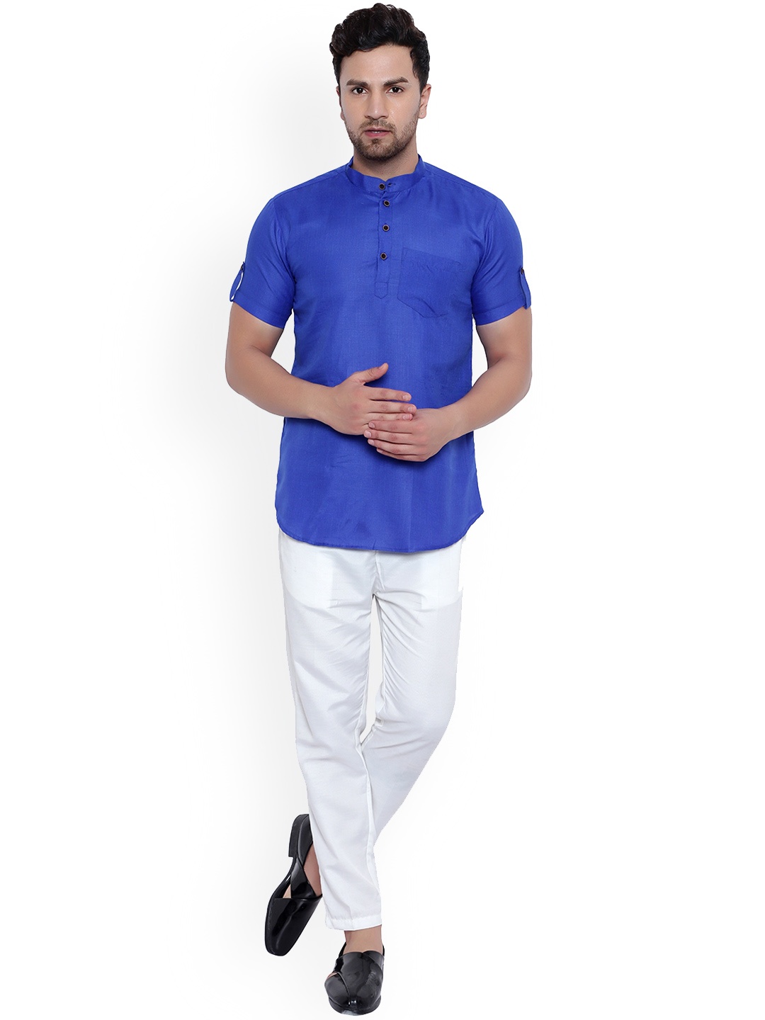 

ONNIX Mandarin Collar Regular Kurta with Pyjamas, Blue