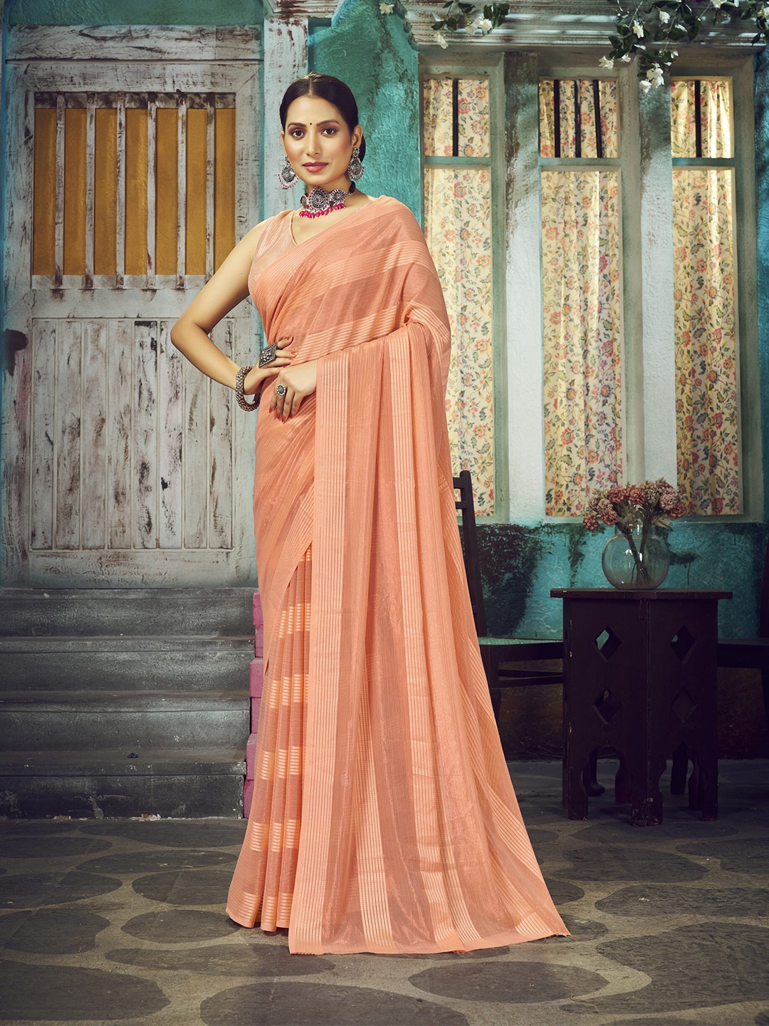 

elora Striped Satin Bhagalpuri Saree, Peach