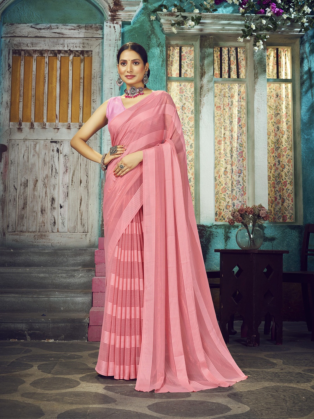 

elora Striped Bhagalpuri Saree, Pink