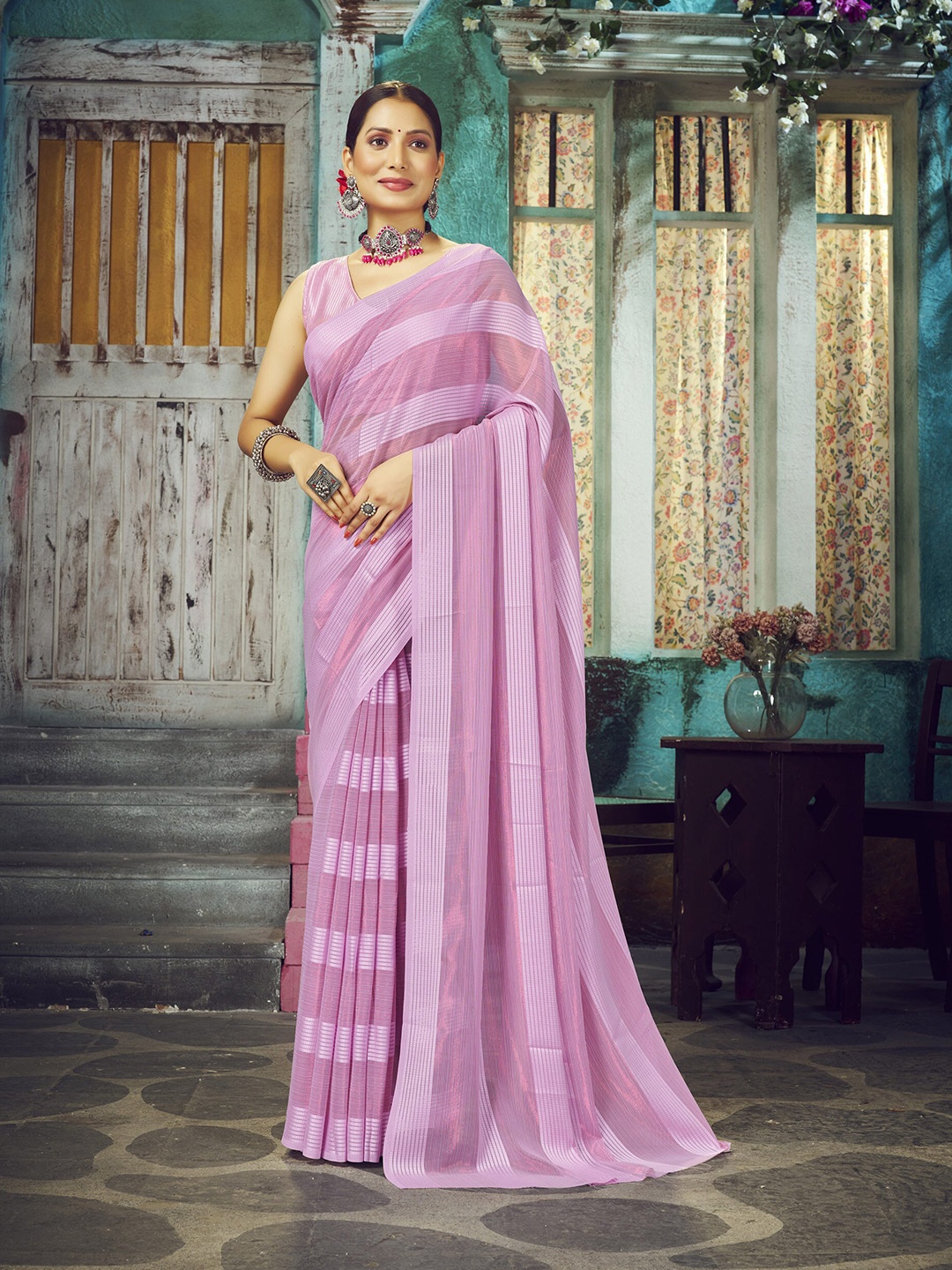 

elora Striped Satin Bhagalpuri Saree, Pink