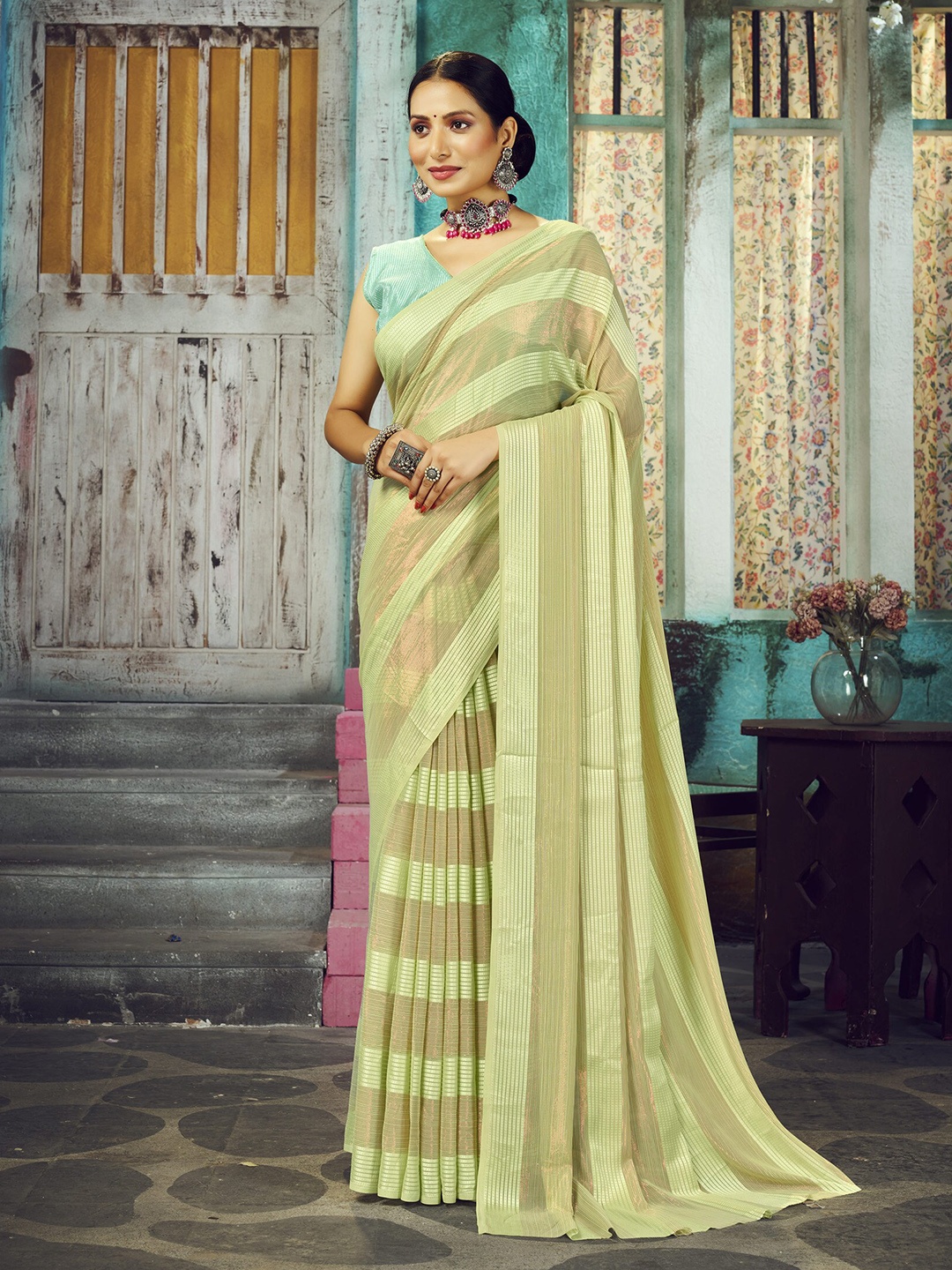 

elora Striped Satin Bhagalpuri Saree, Green