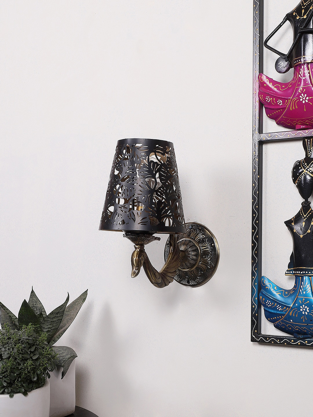 

Devansh Black Textured Antique Wall Lamp With Etching Lamp Shade, Gold