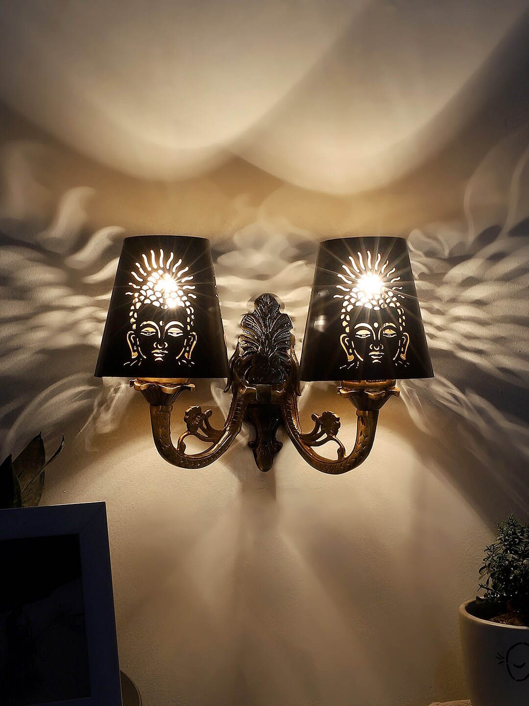 

Devansh Gold Toned & Black Textured Dual Wall Lamp With Etching Lamp Shade