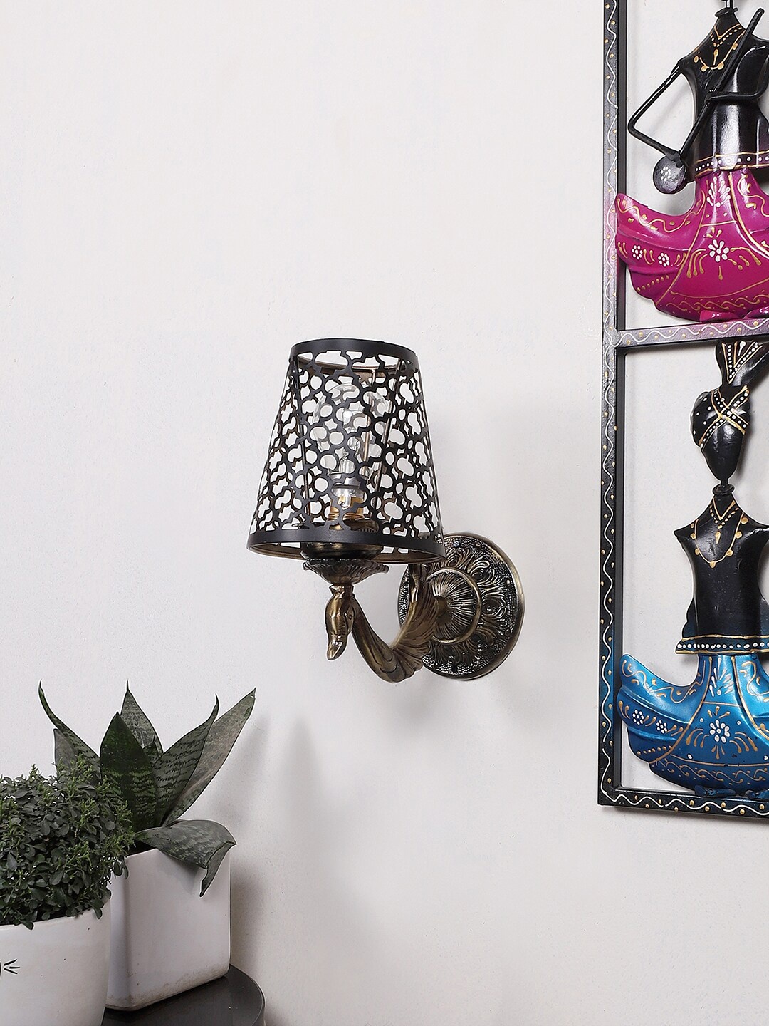 

Devansh Black Textured Antique Wall Lamp With Etching Lamp Shade, Gold