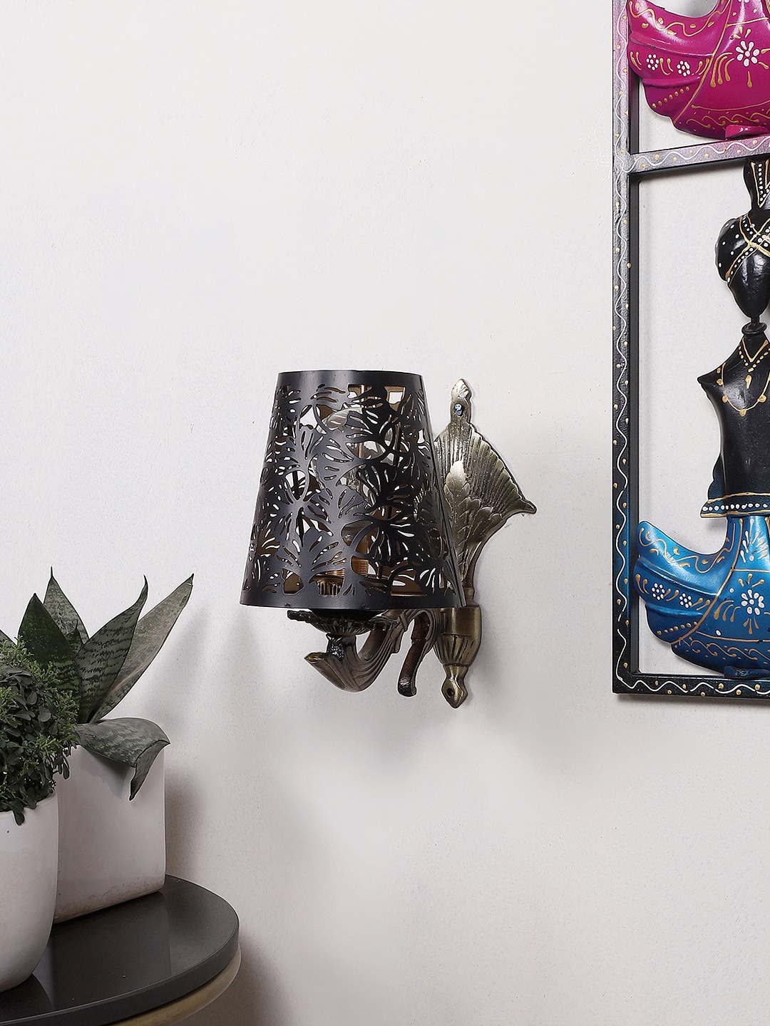 

Devansh Black Textured Antique Wall Lamp With Etching Lamp Shade, Gold