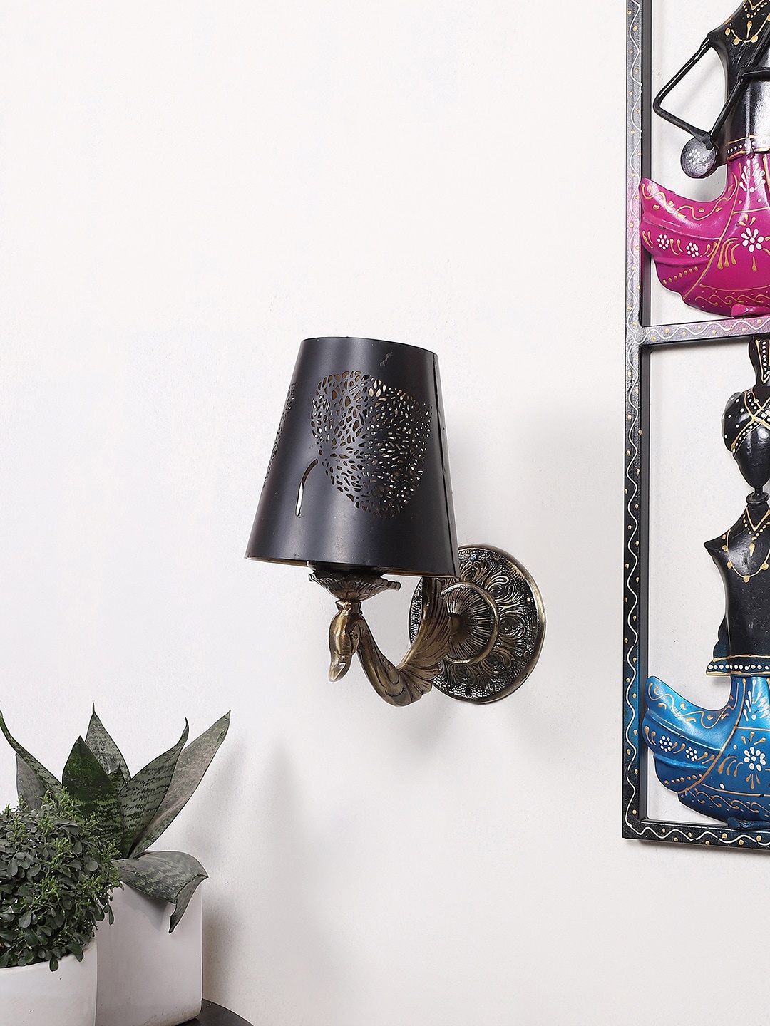 

Devansh Black Textured Antique Wall Lamp With Etching Lamp Shade, Gold