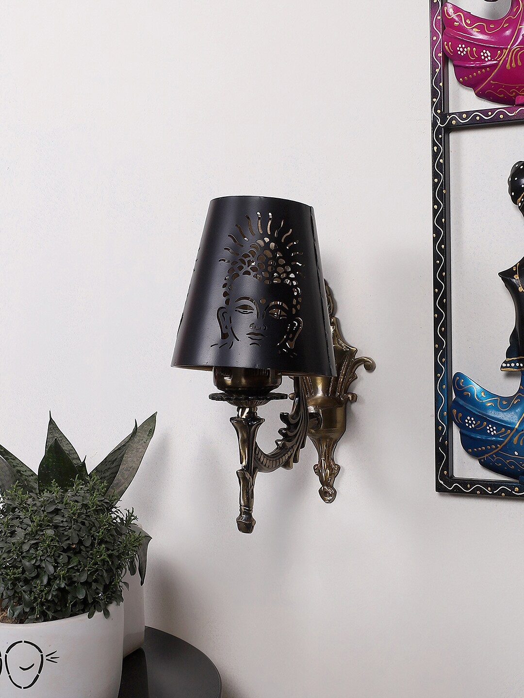 

Devansh Black Textured Antique Wall Lamp With Etching Lamp Shade, Gold