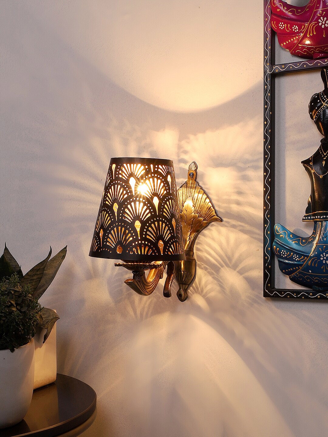 

Devansh Black Textured Antique Wall Lamp With Etching Lamp Shade, Gold