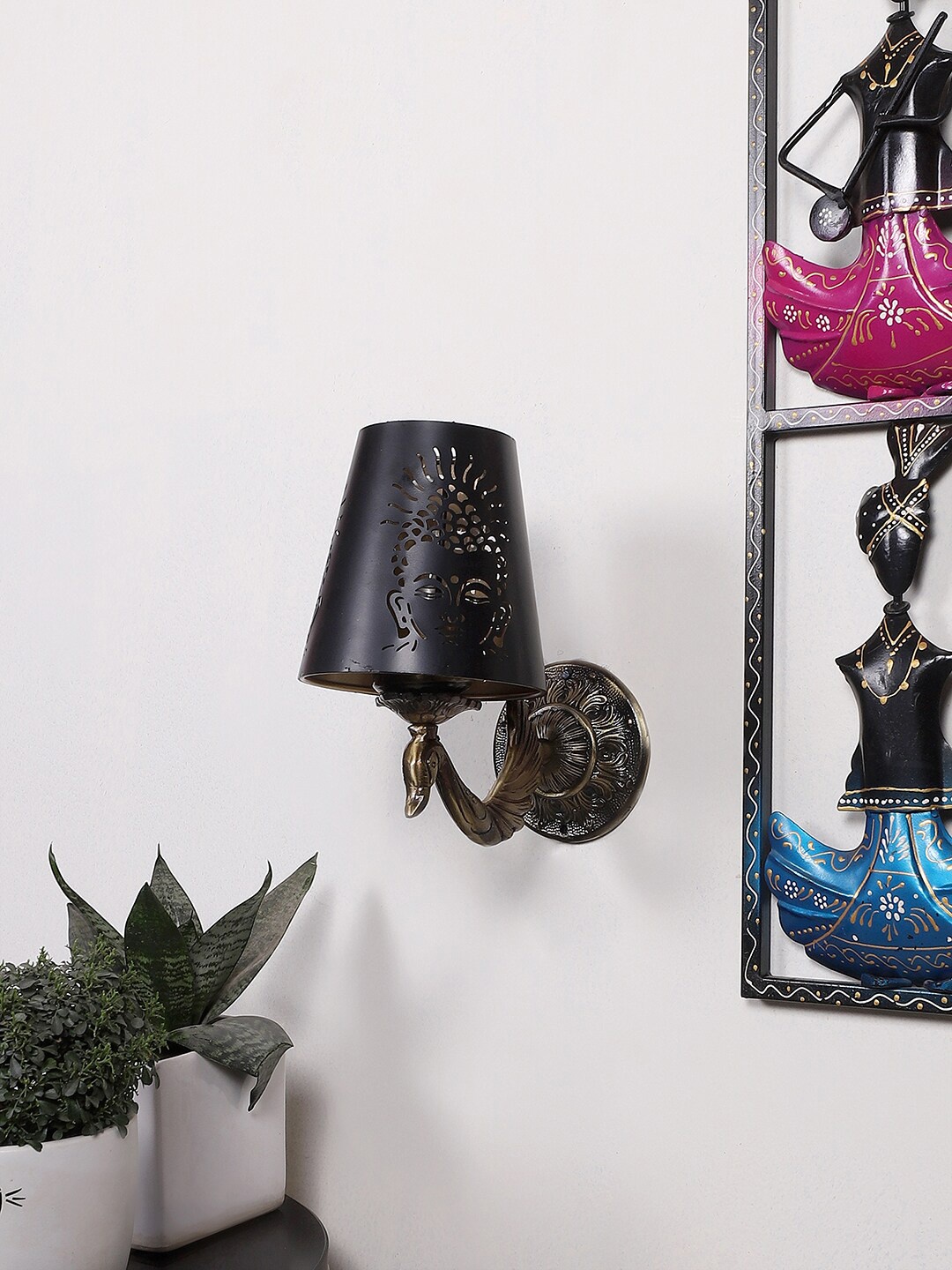 

Devansh Black Textured Antique Wall Lamp With Etching Lamp Shade, Gold