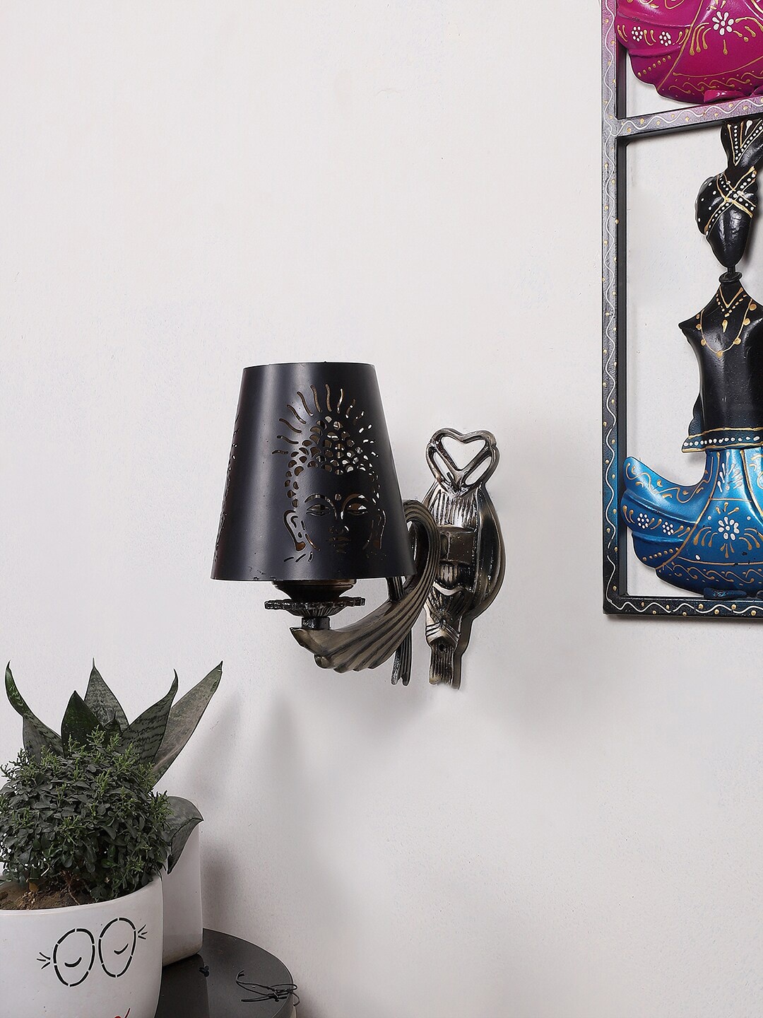 

Devansh Black Textured Wall Lamp With Etching Lamp Shade, Gold