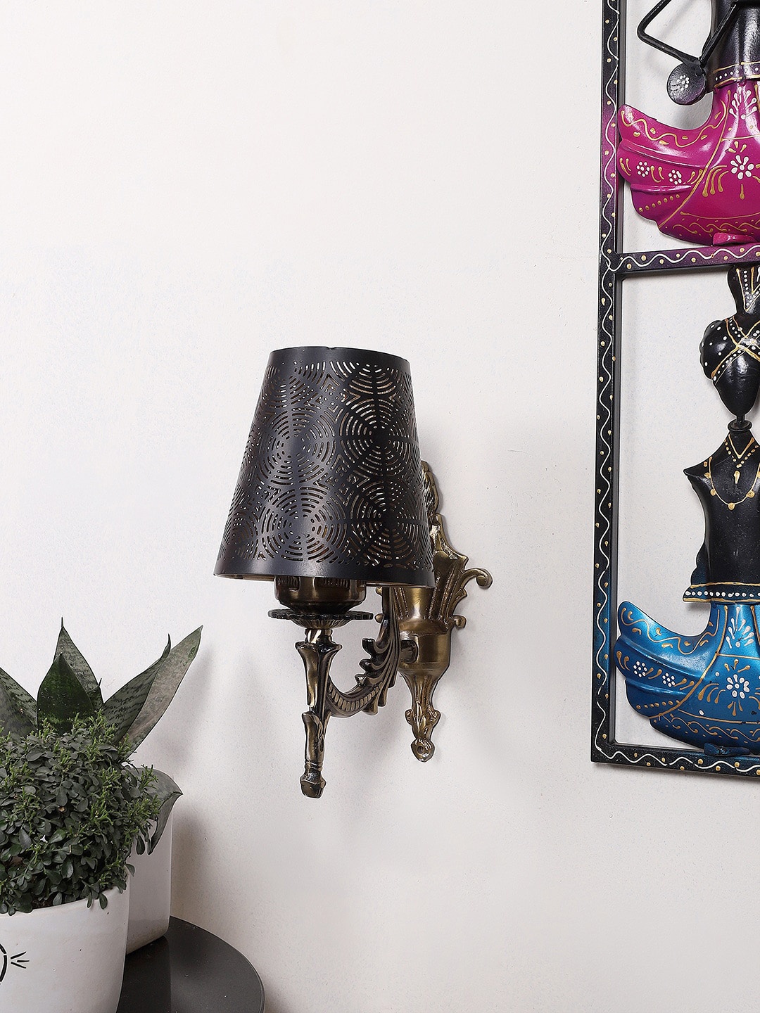

Devansh Black Textured Antique Wall Lamp With Etching Lamp Shade, Gold