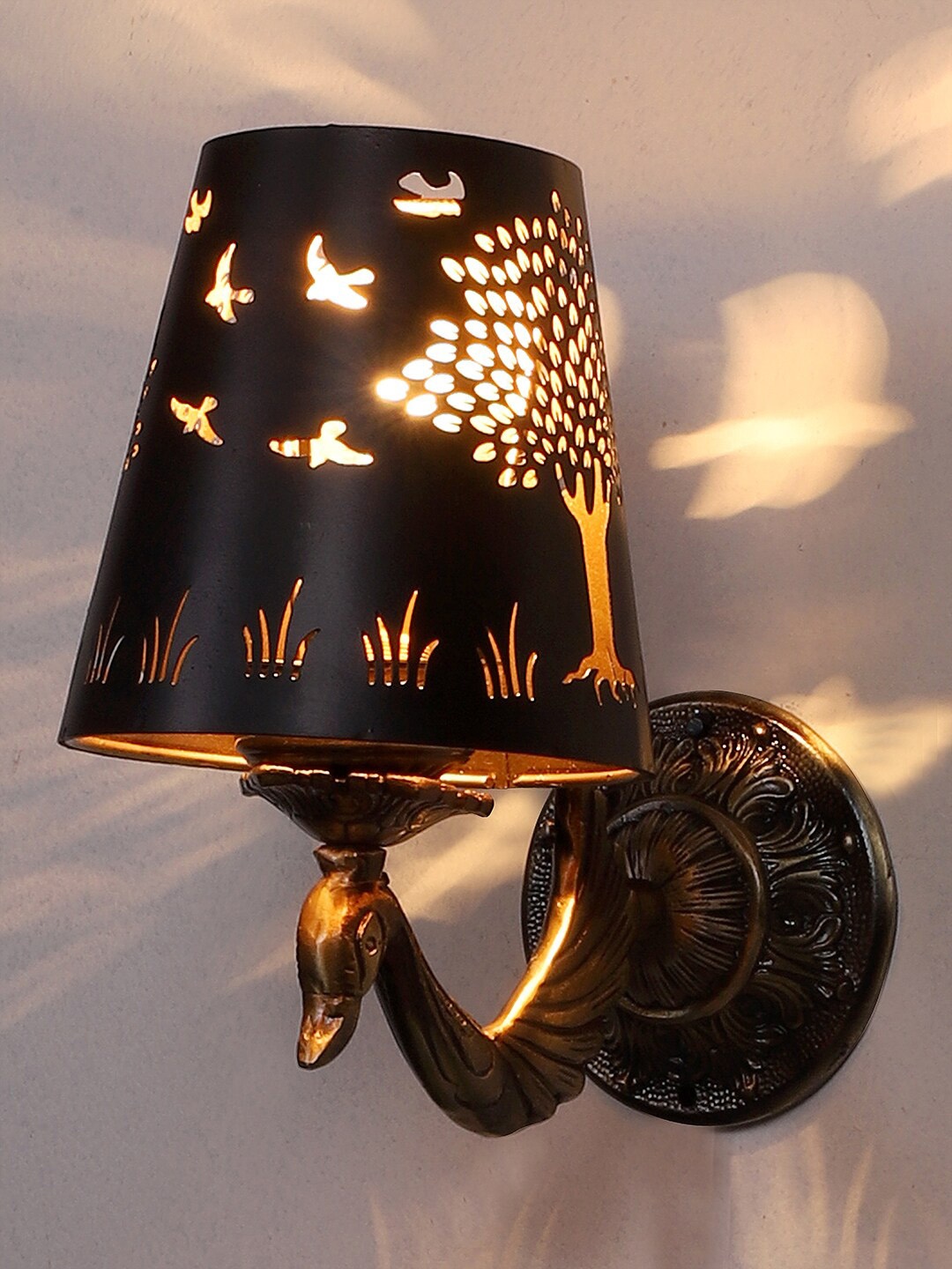 

Devansh Gold Toned Black Textured Antique Wall Lamp With Etching Lamp Shade