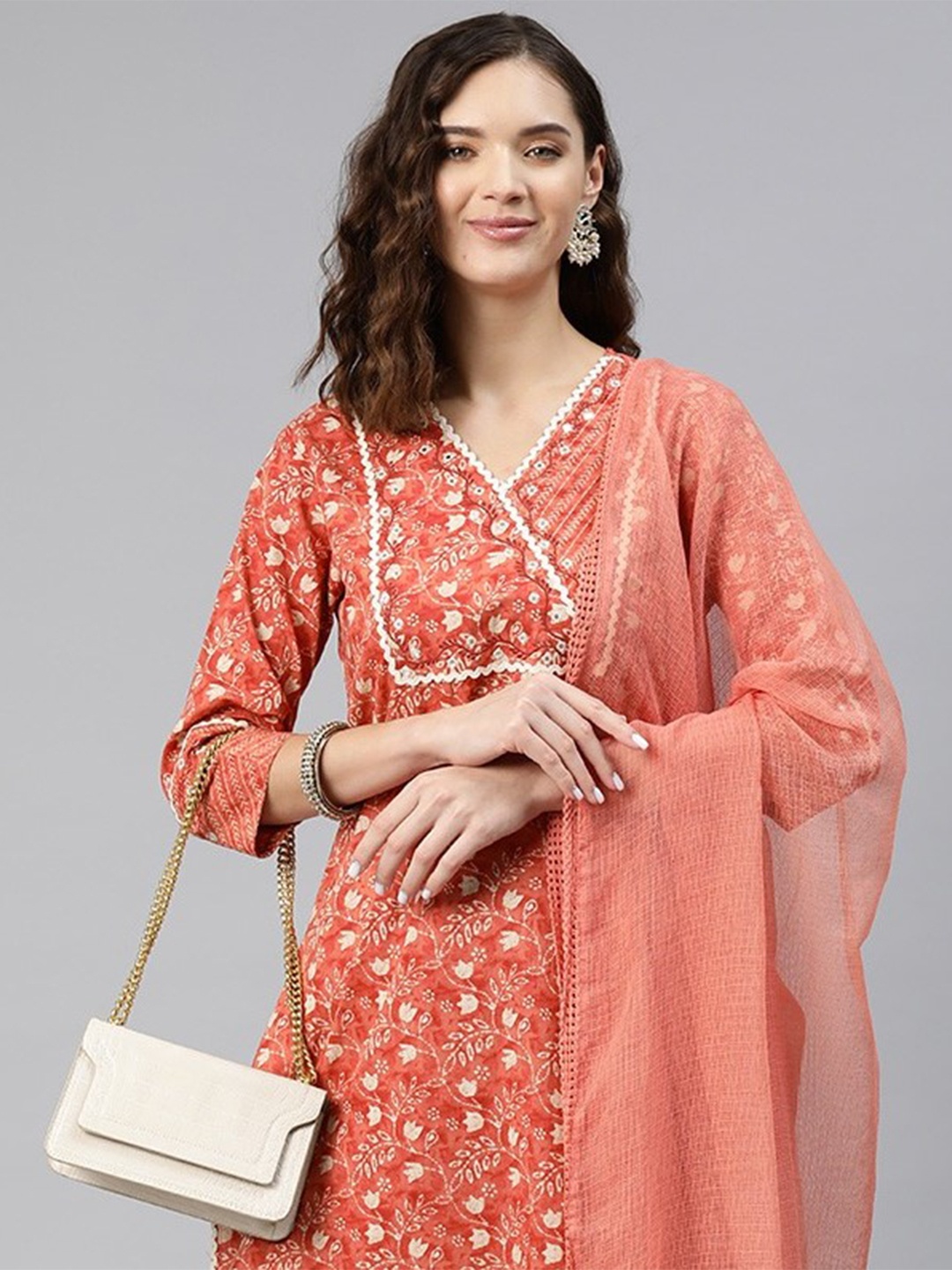 

Readiprint Women Floral Printed Mirror Work Cotton Kurta with Palazzos & Dupatta, Rust