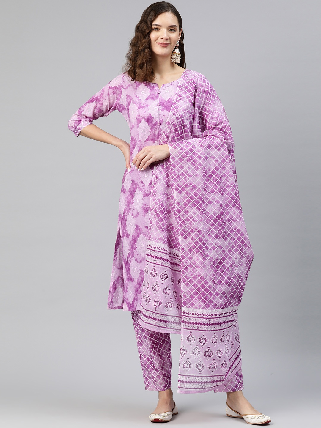 

Readiprint Floral Printed Regular Pure Cotton Kurta with Trousers & Dupatta, Purple