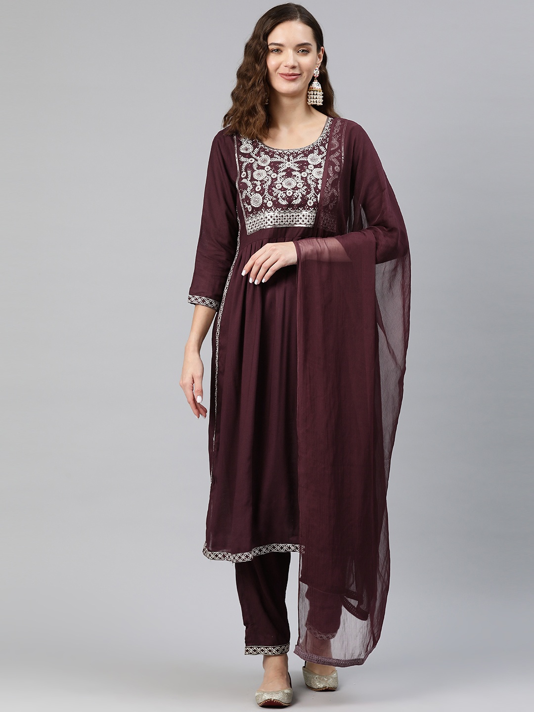 

Readiprint Fashions Floral Embroidered Zari Pleated Kurta with Trousers & Dupatta, Burgundy