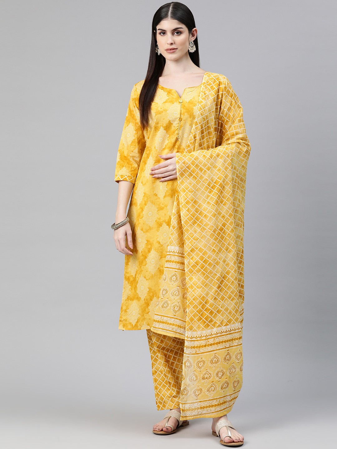 

Readiprint Ethnic Motifs Printed Pure Cotton Kurta with Trousers & Dupatta, Yellow