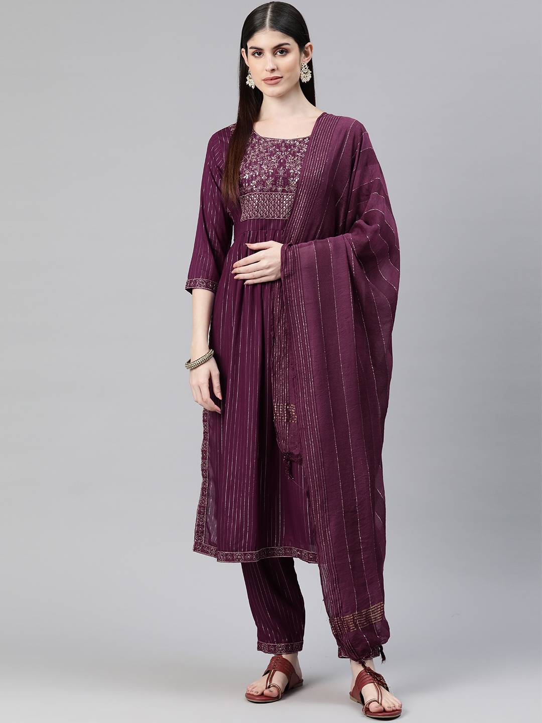 

Readiprint Embroidered Pleated Sequinned Kurta with Trousers & Dupatta, Purple