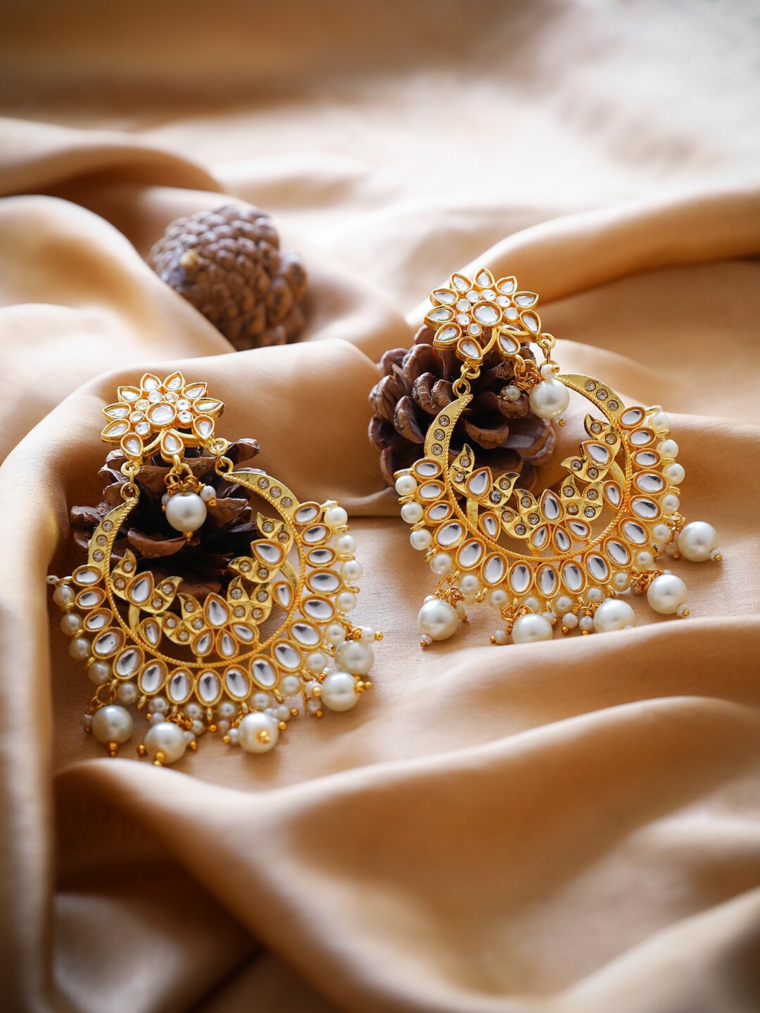 

PANASH Gold-Plated Kundan & Pearl Studded Classic Chandbali Earrings